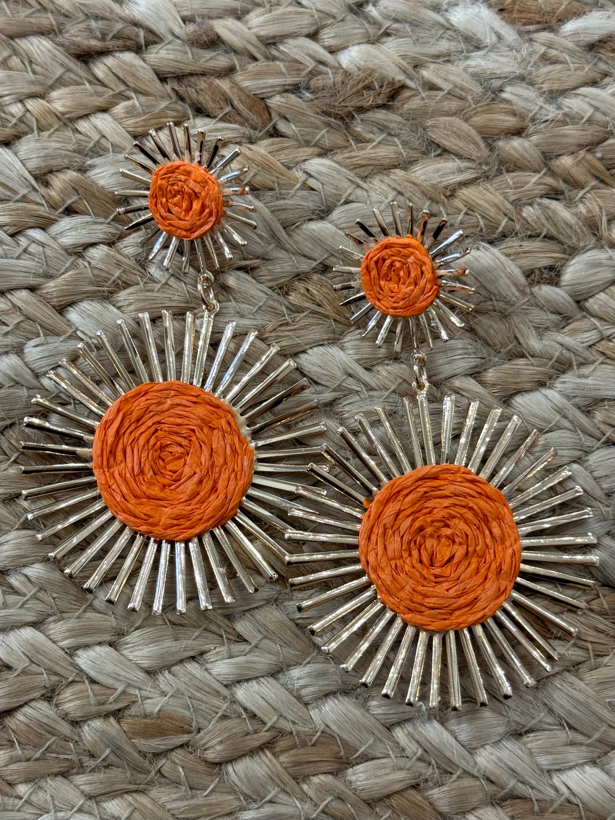 Raffia Double Circle Earrings in Orange