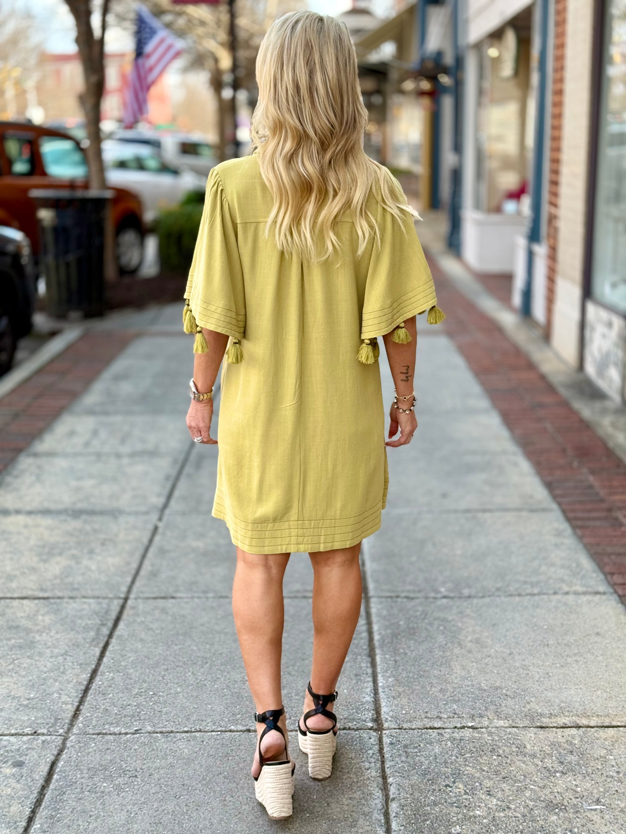 Tassel Sleeve Linen Button Down Dress