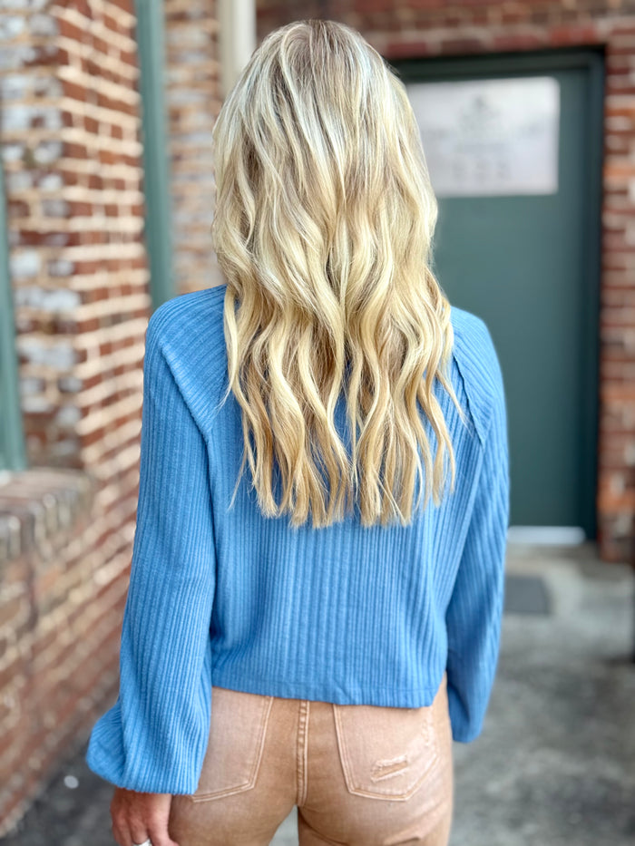 Oversized Ribbed Henley Top | Blue
