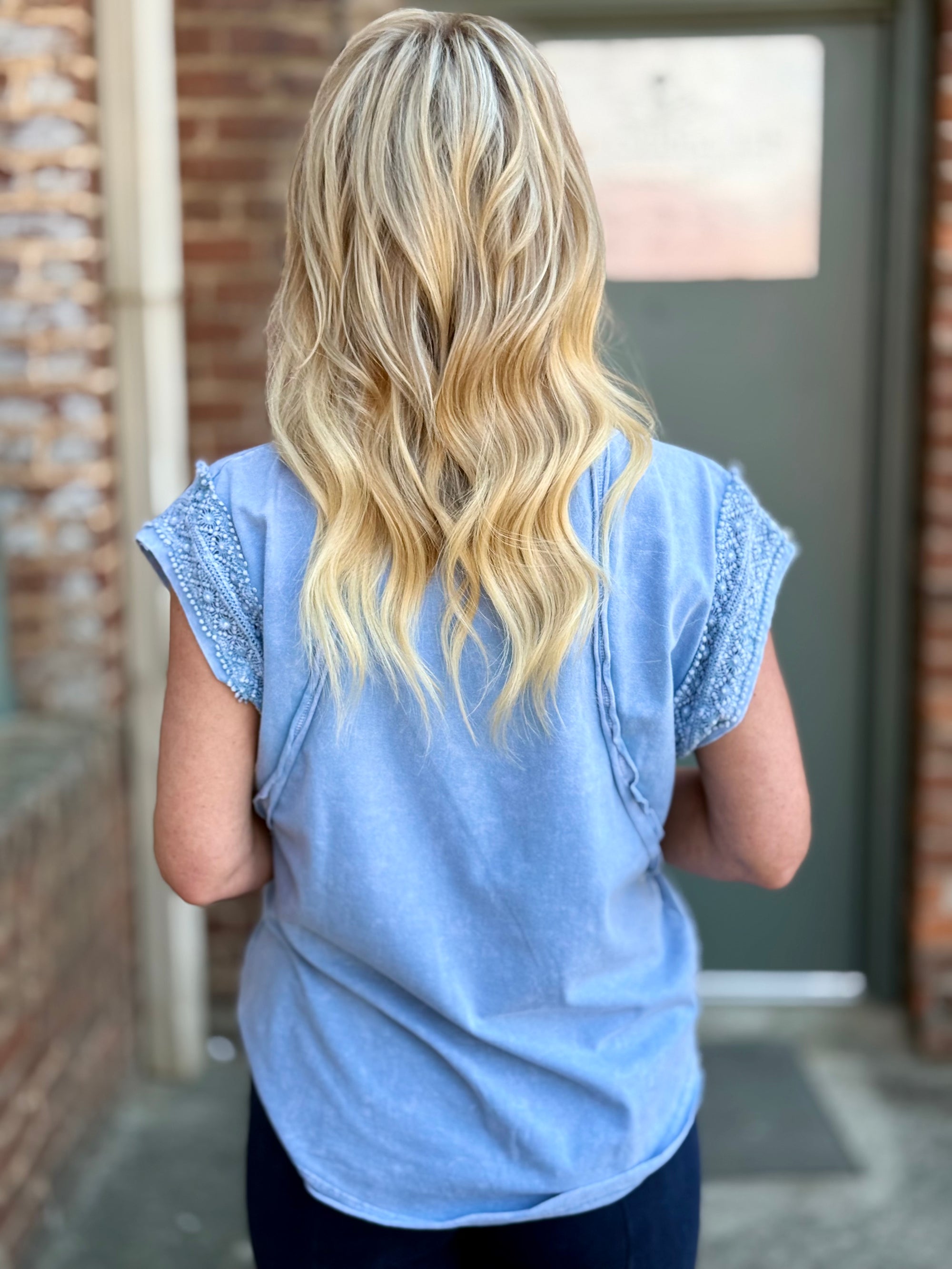 Crochet Trim Raw Edge Top | Blue