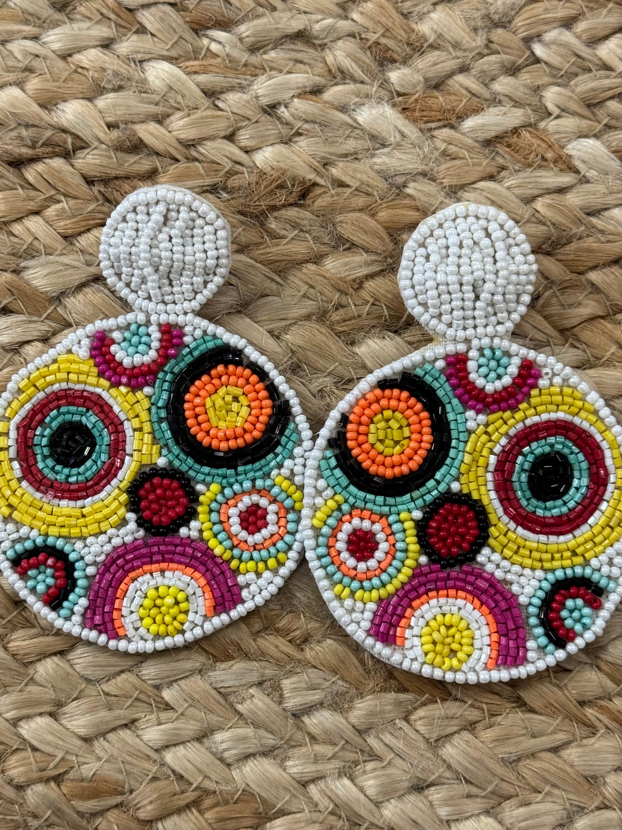 Floral Beaded Circle Earrings in White