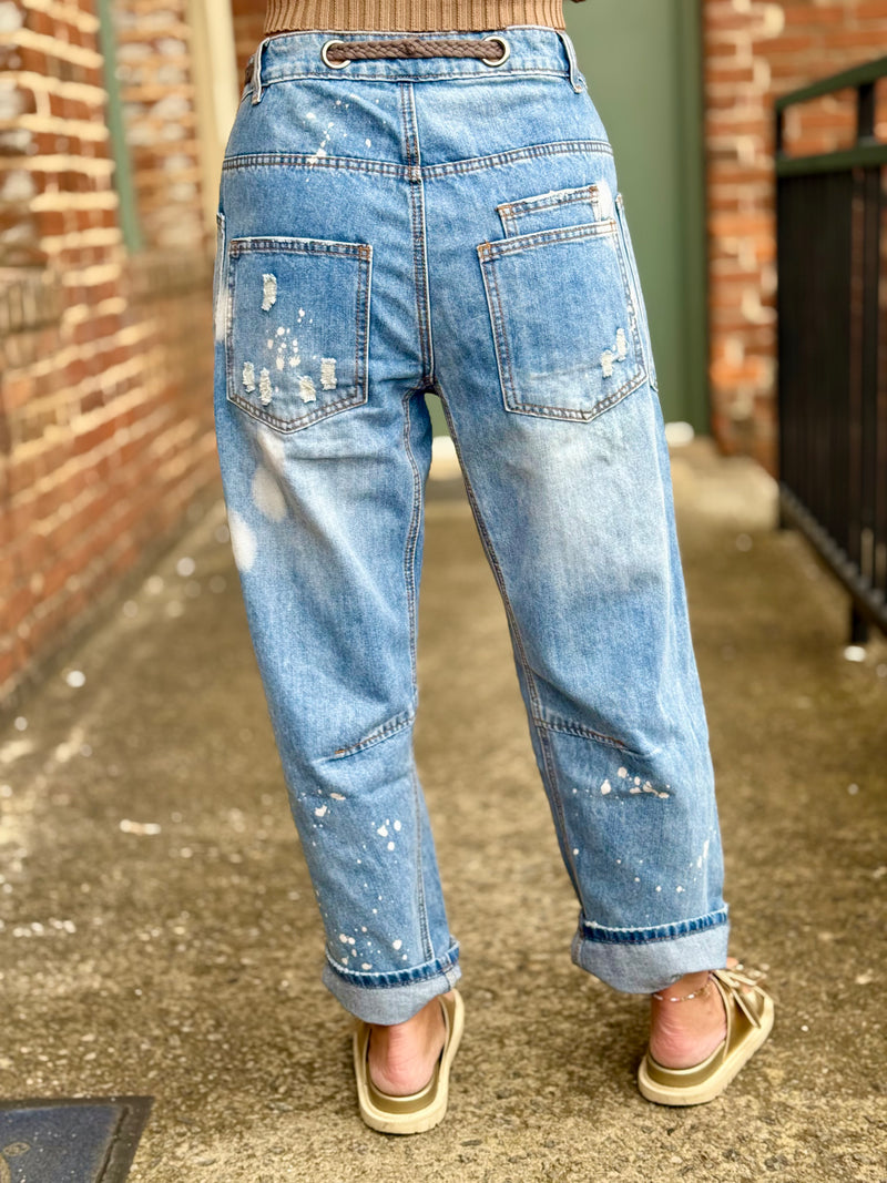 Paint Splattered Rope Belt Jeans