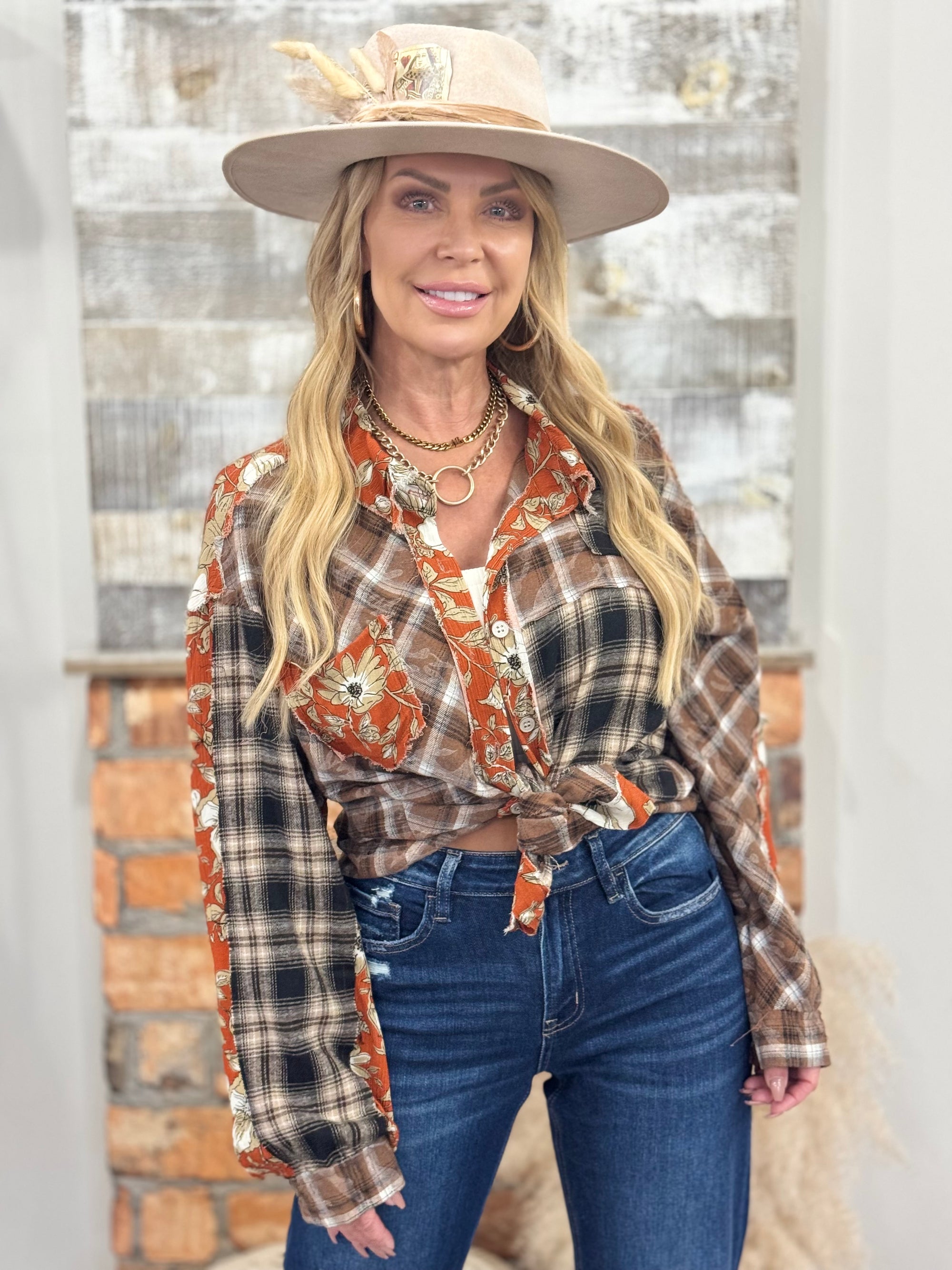 Vintage Plaid + Floral Colorblock Button Up Top