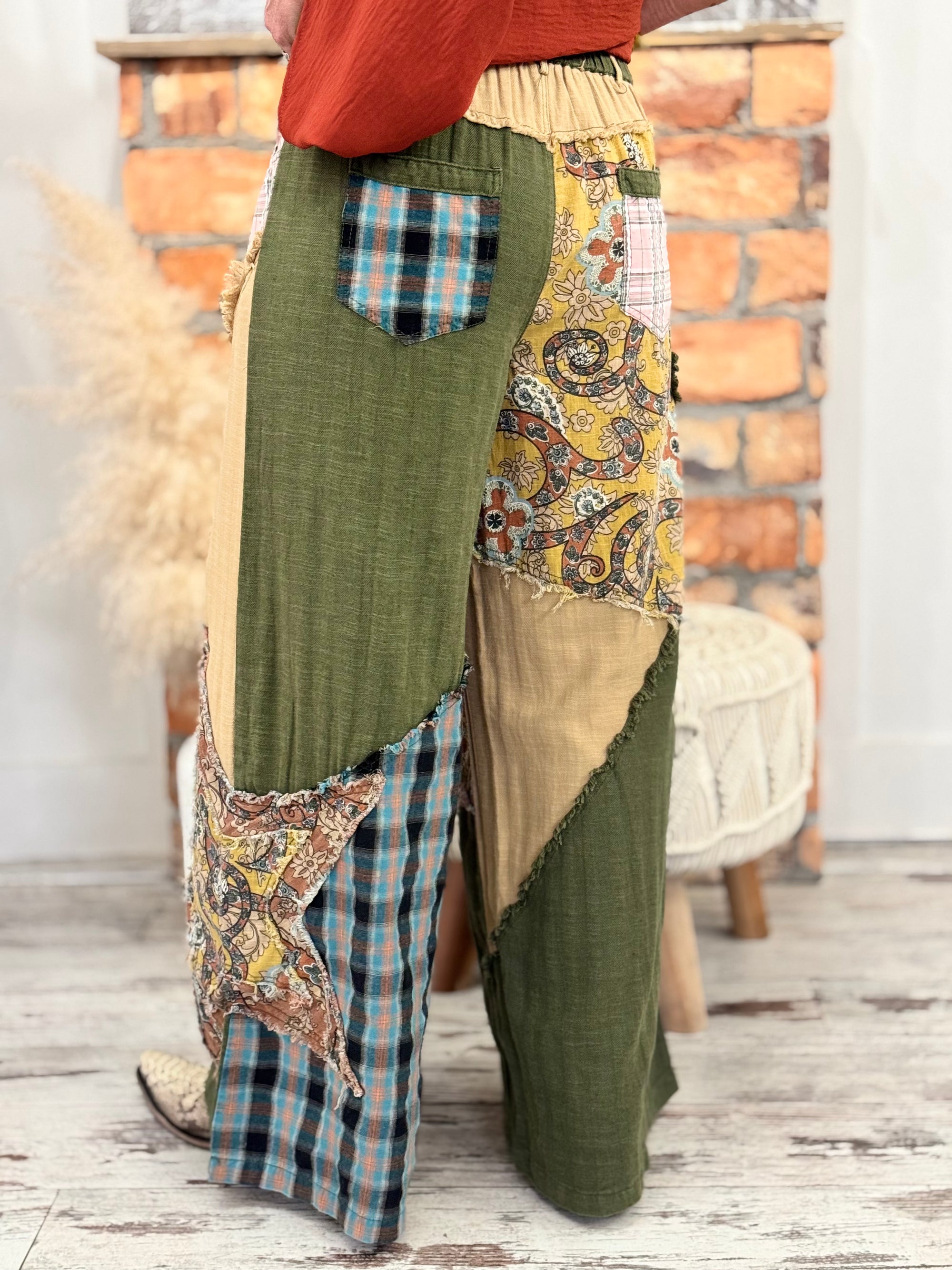 Mixed Patchwork Wide Leg Pants in Olive