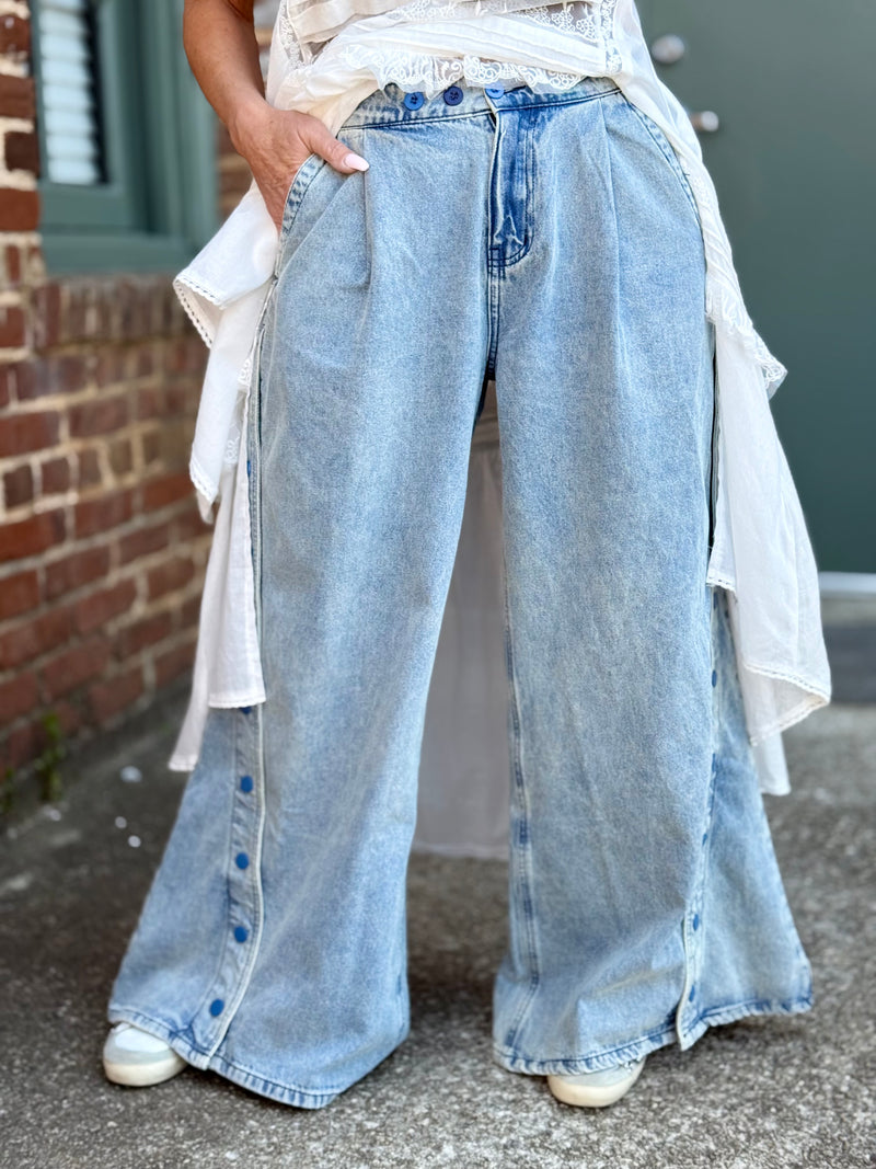 Snap Button Wide Leg Denim Pants