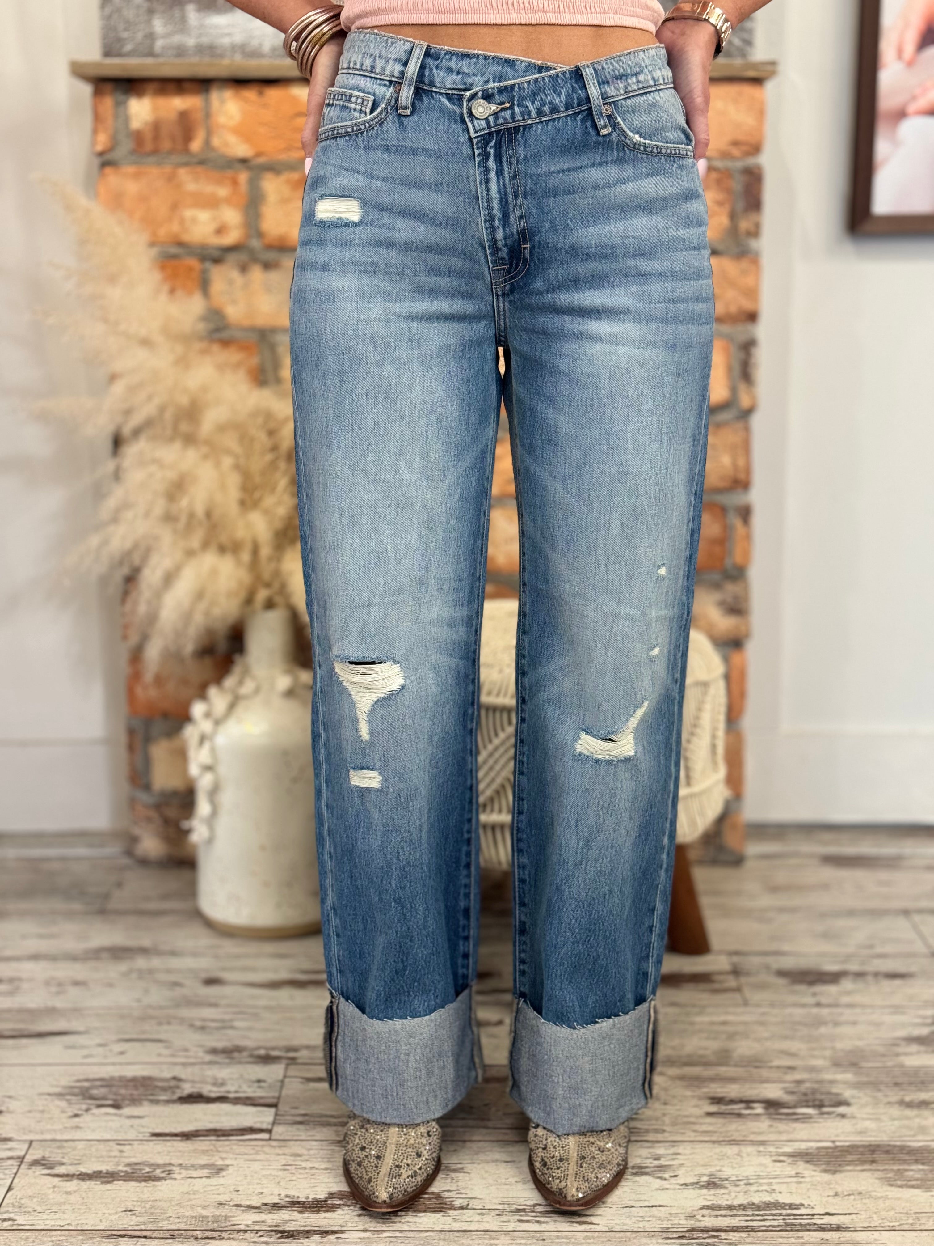 Crossover Cuffed Dad Jeans | The Rustic Rack Boutique