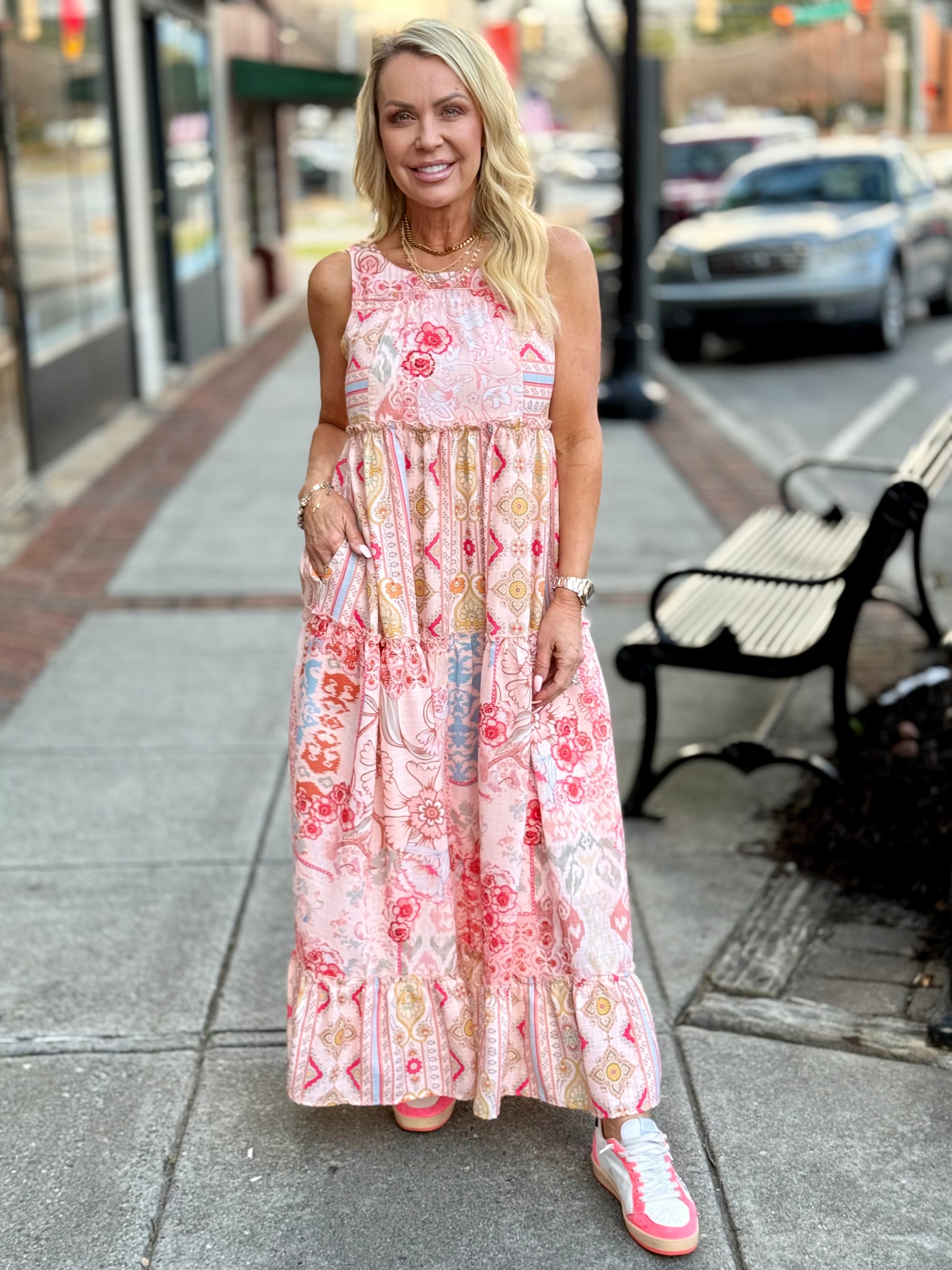 Ruffle Hem Mixed Print Maxi Dress