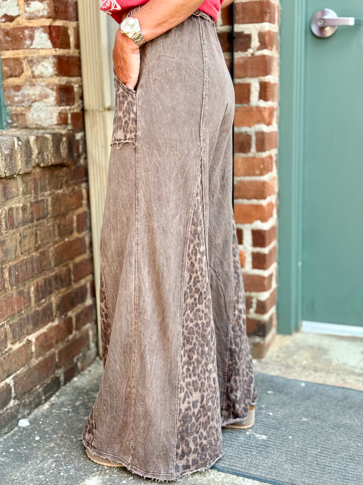 Washed Leopard Panel Flare Pants