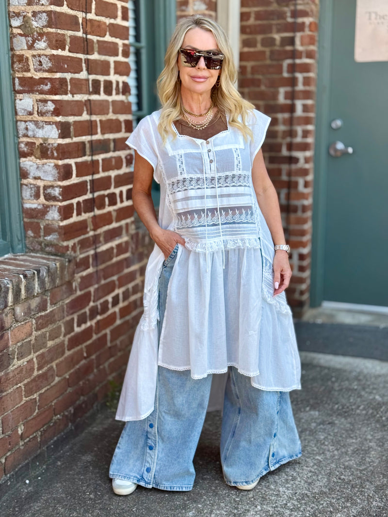 Snap Button Wide Leg Denim Pants