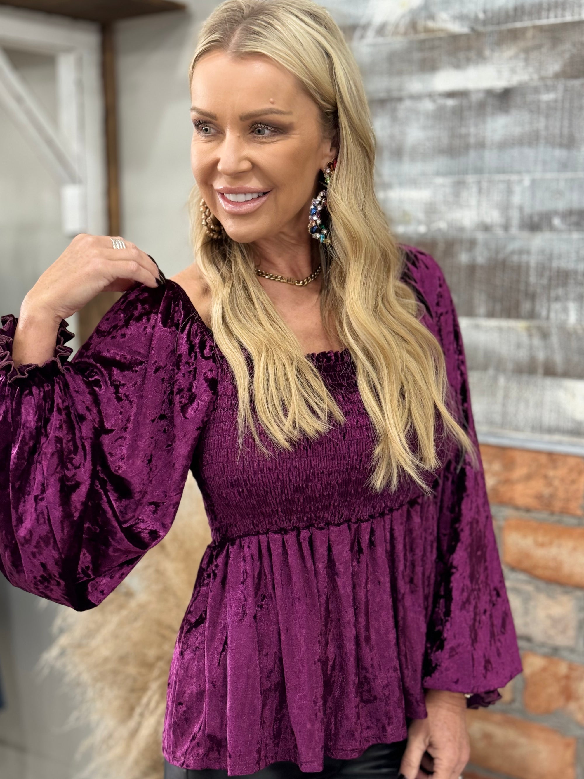 Smocked Velvet Babydoll Top in Plum