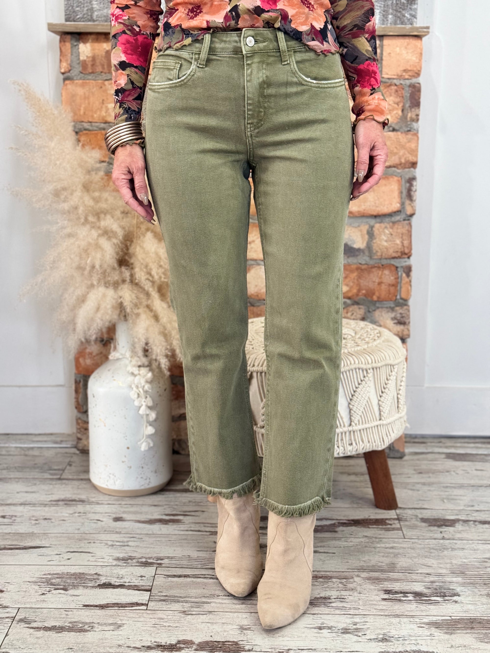 High Rise Straight Leg Ankle Jeans | Olive