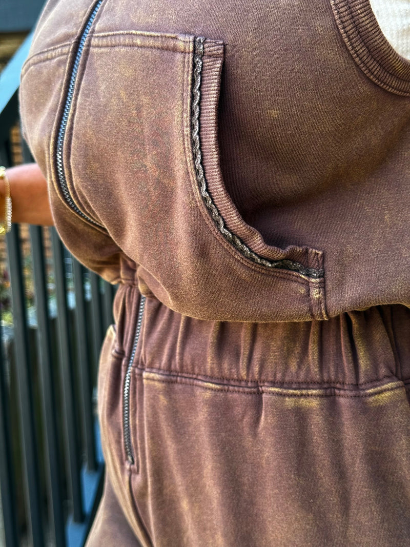 Hooded Zip Up Jogger Jumpsuit | Brown