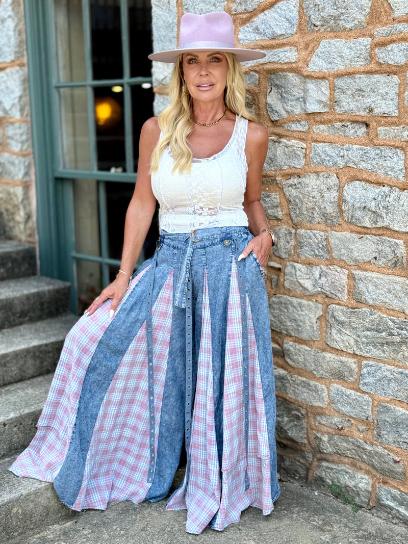 Plaid Panel Wide Leg Pants