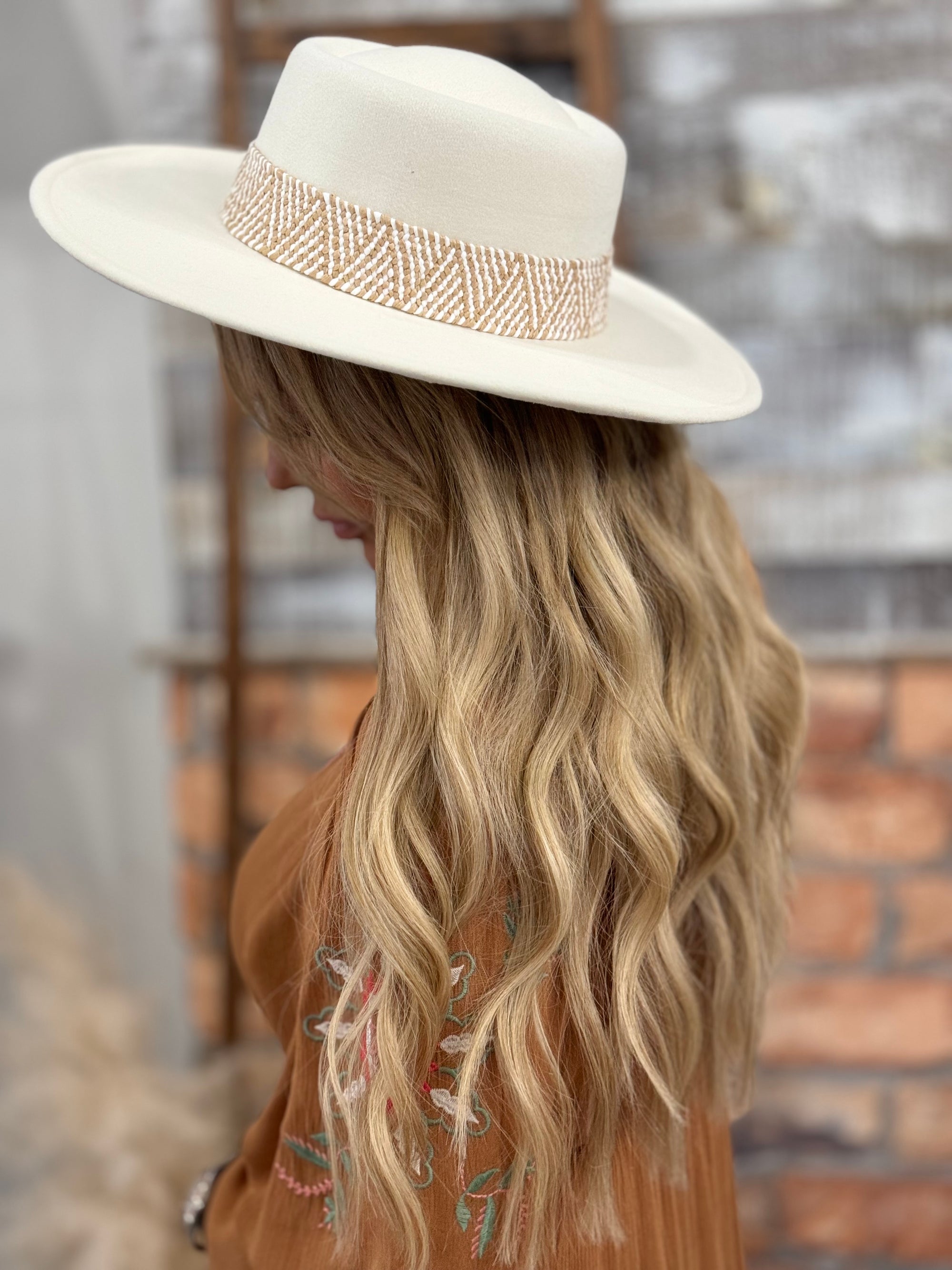 Boho Trim Wide Brim Hat in Ivory