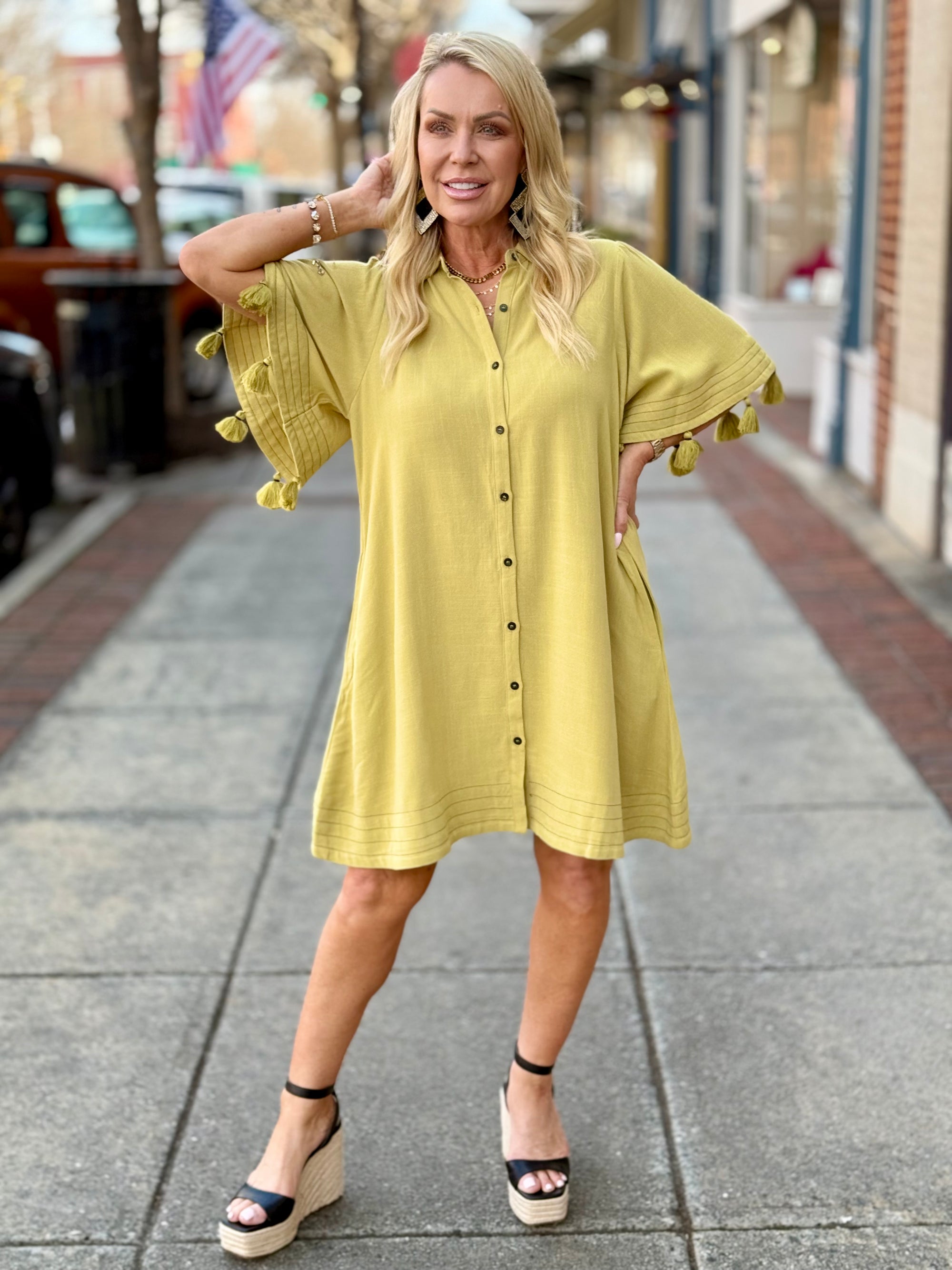 Tassel Sleeve Linen Button Down Dress