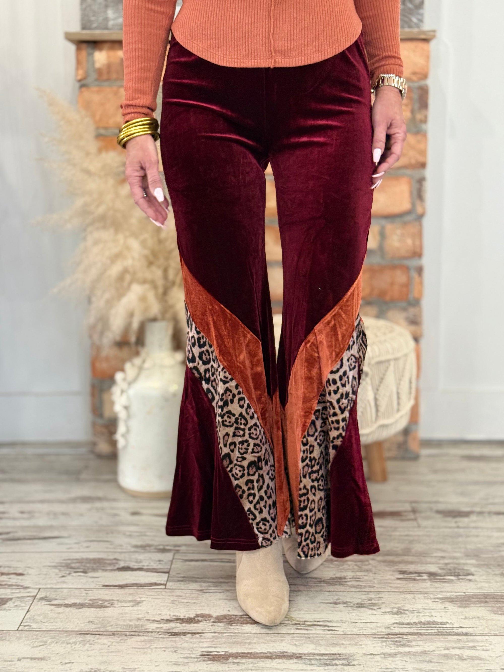 Velvet Leopard Color Block Flare Pants | Wine