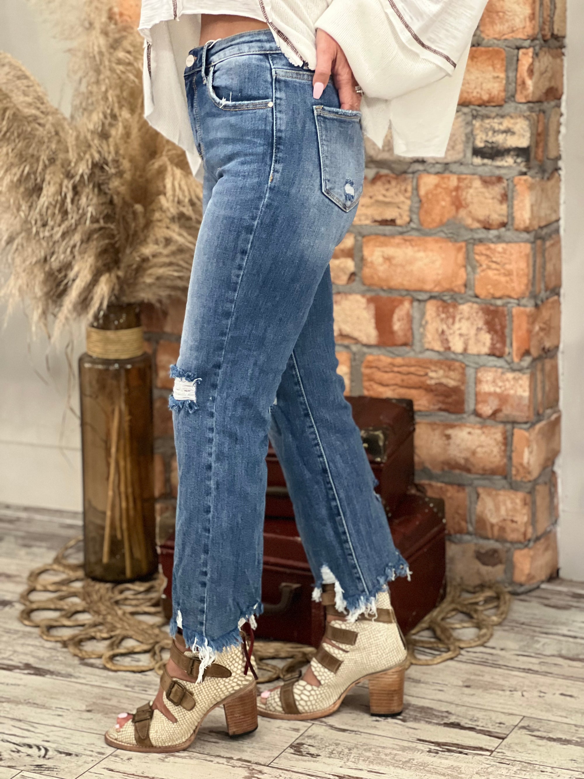 High Waist Distressed Straight Leg Jeans