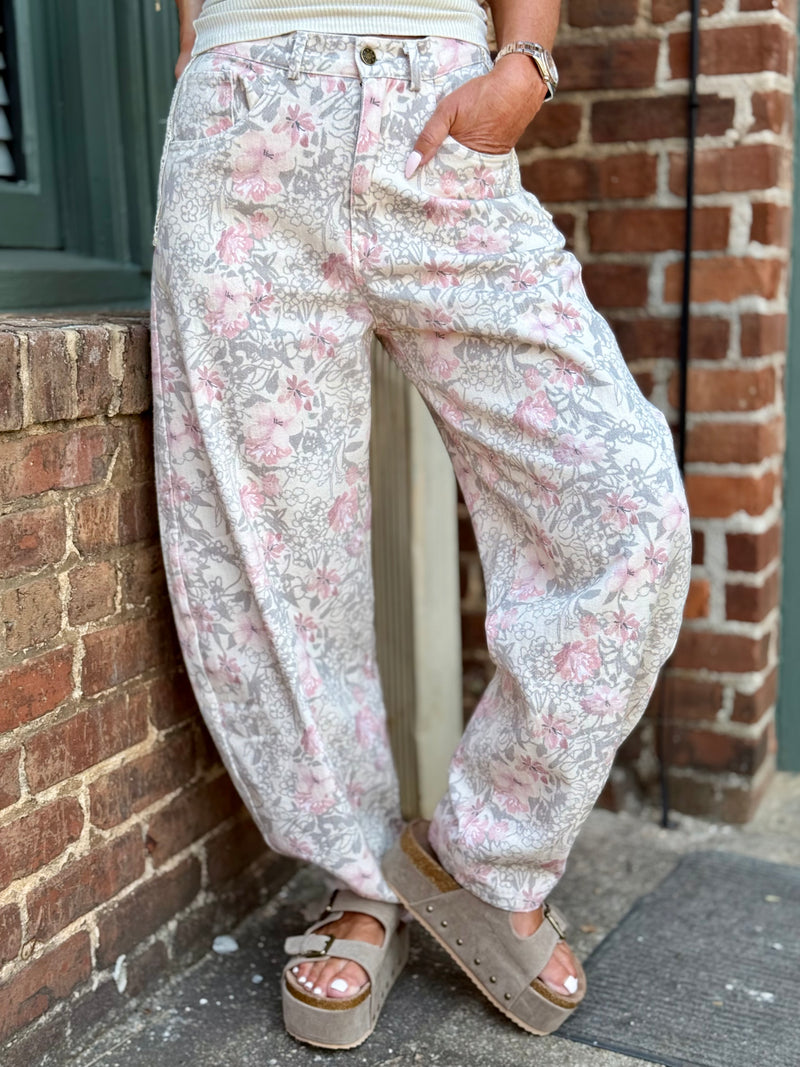 Floral Print Barrel Jeans