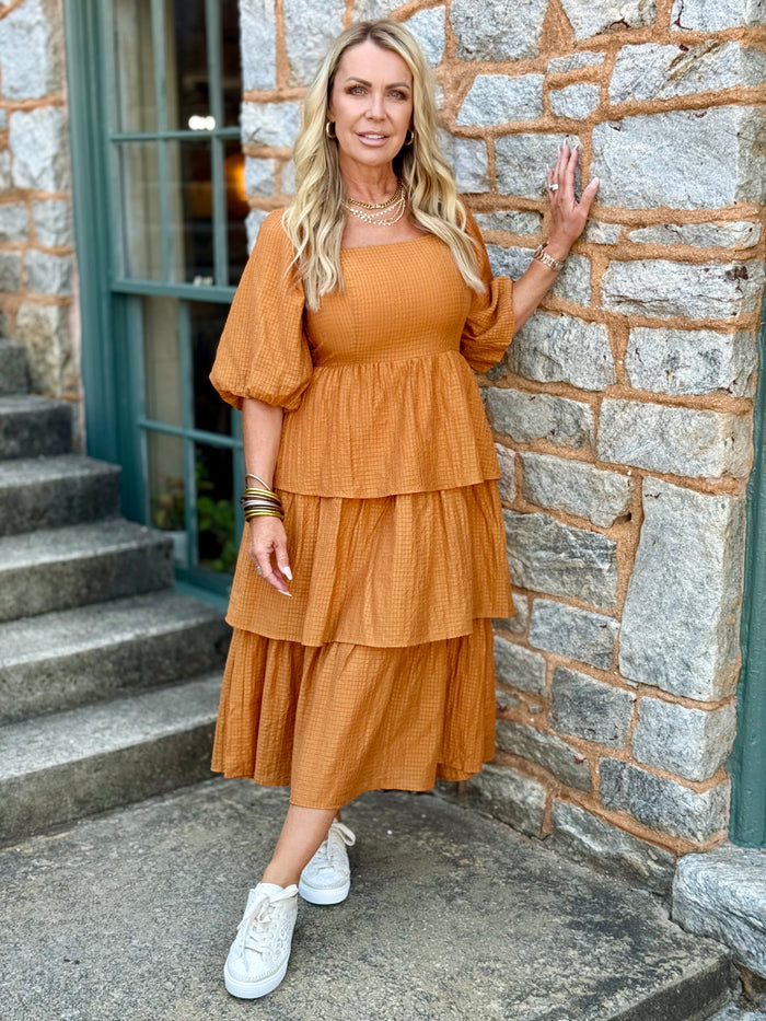 Textured Tiered Ruffle Midi Dress