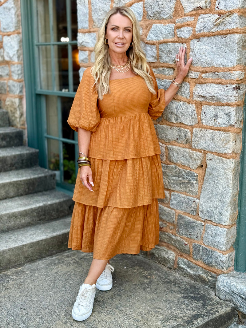 Textured Tiered Ruffle Midi Dress