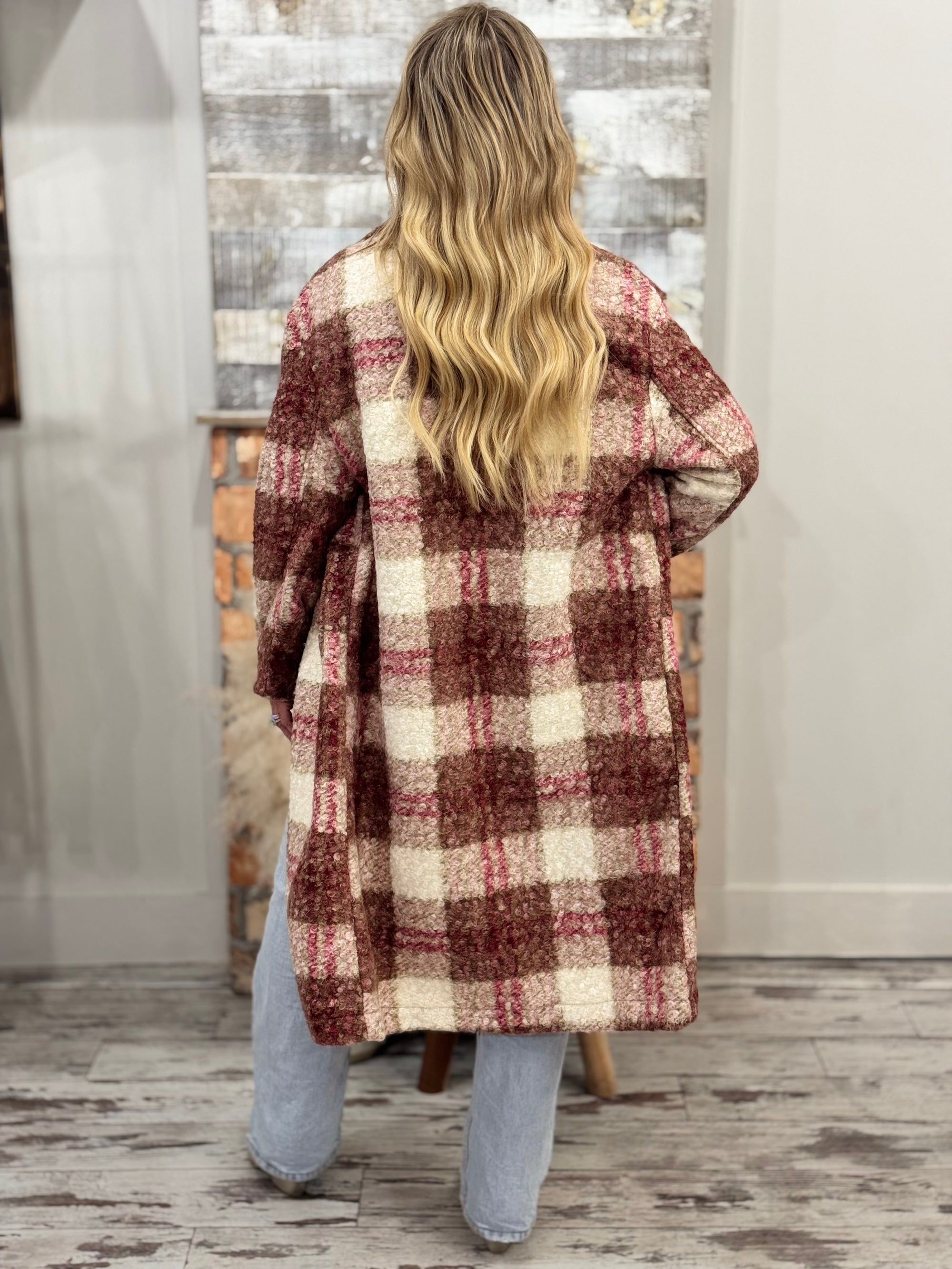 Plaid Button Down Long Coat | Pink