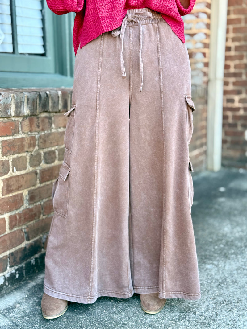 Washed Wide Leg Cargo Pants