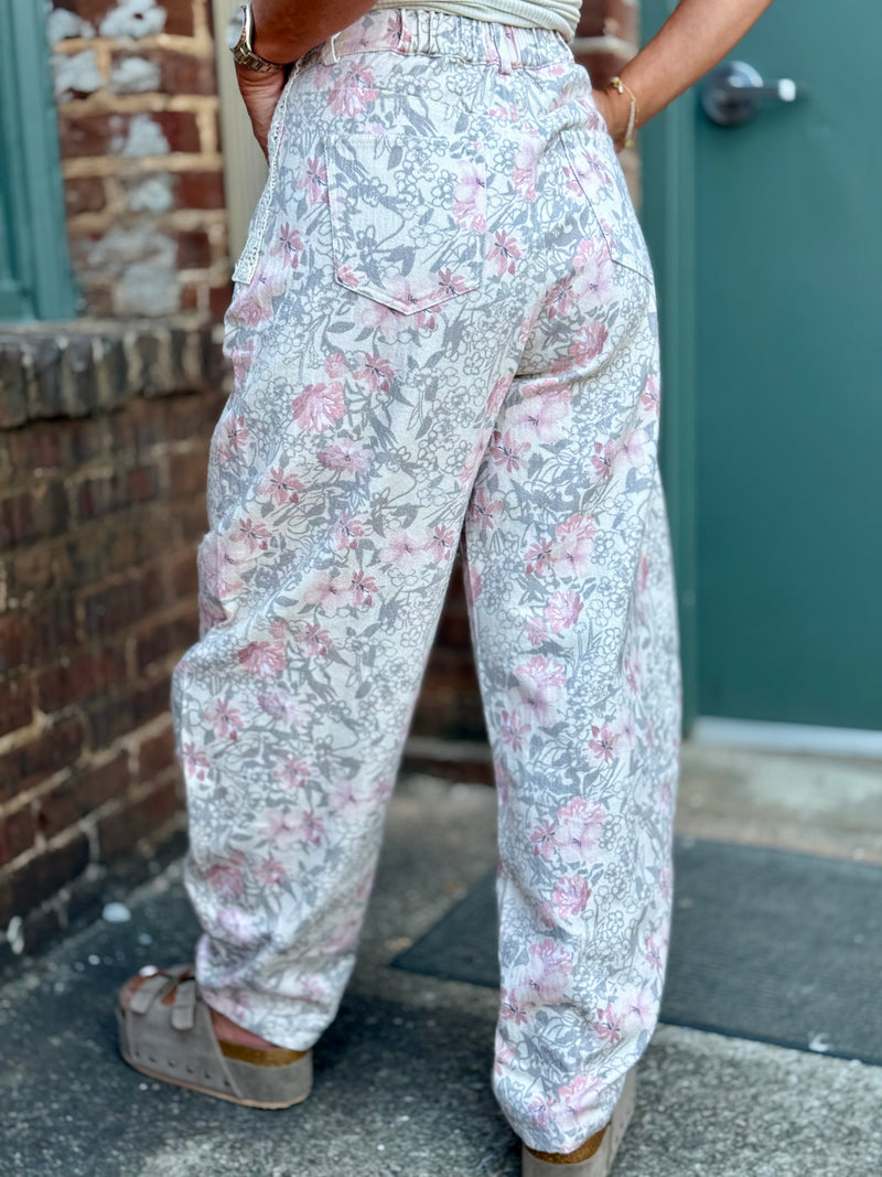 Floral Print Barrel Jeans