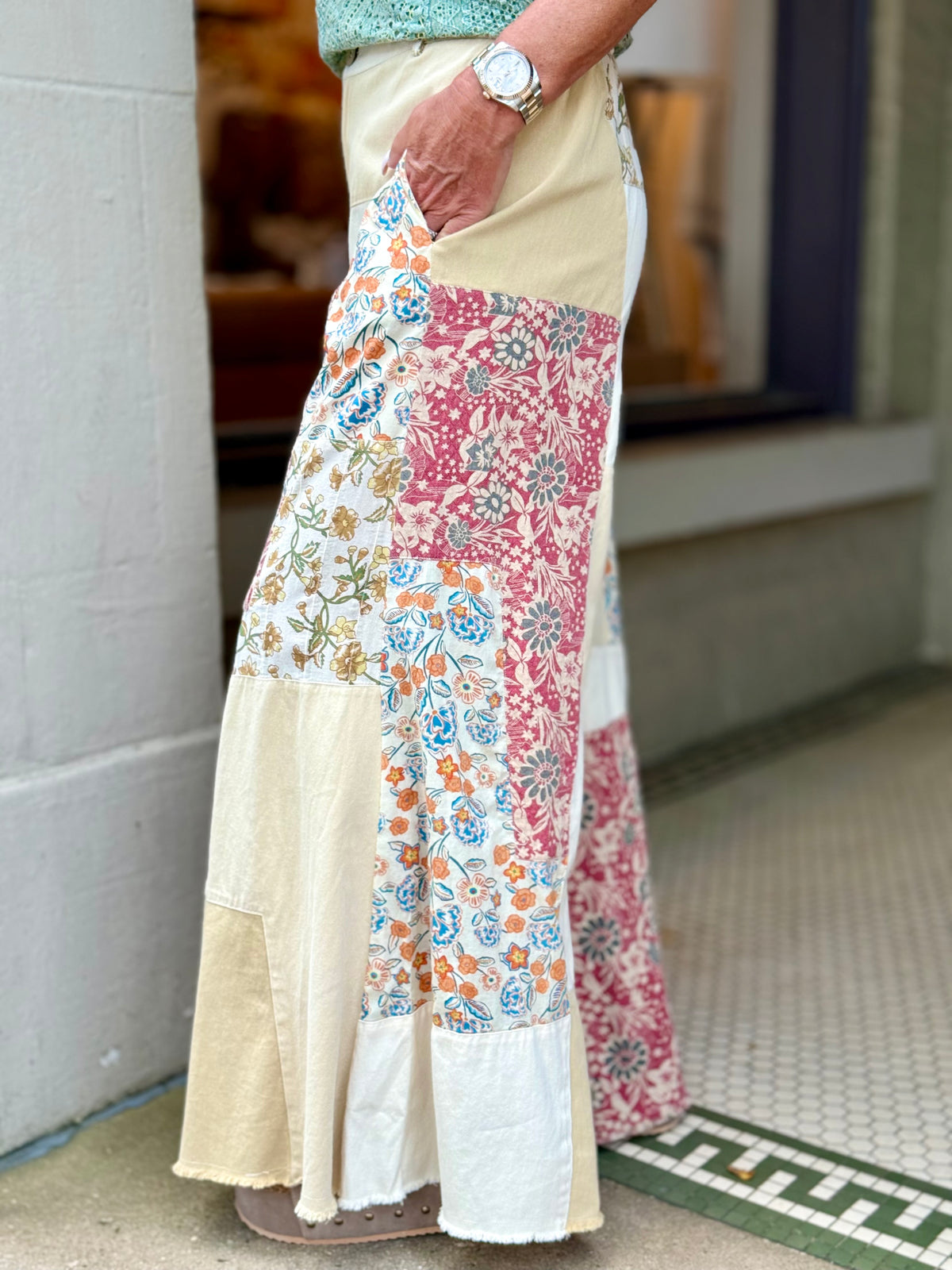 Multi Floral Colorblock Wide Leg Pants