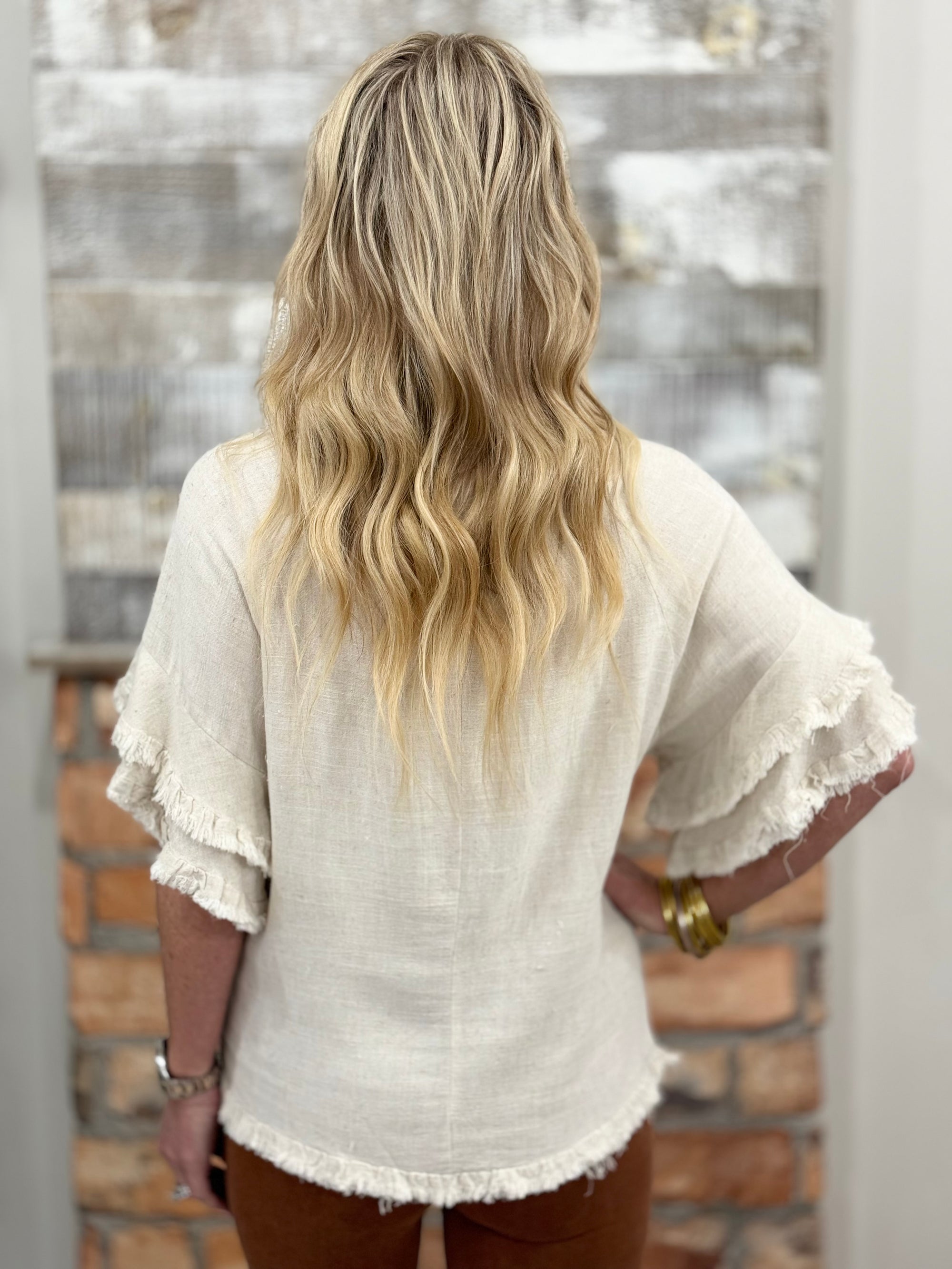 Frayed Edge Linen Top in Oatmeal