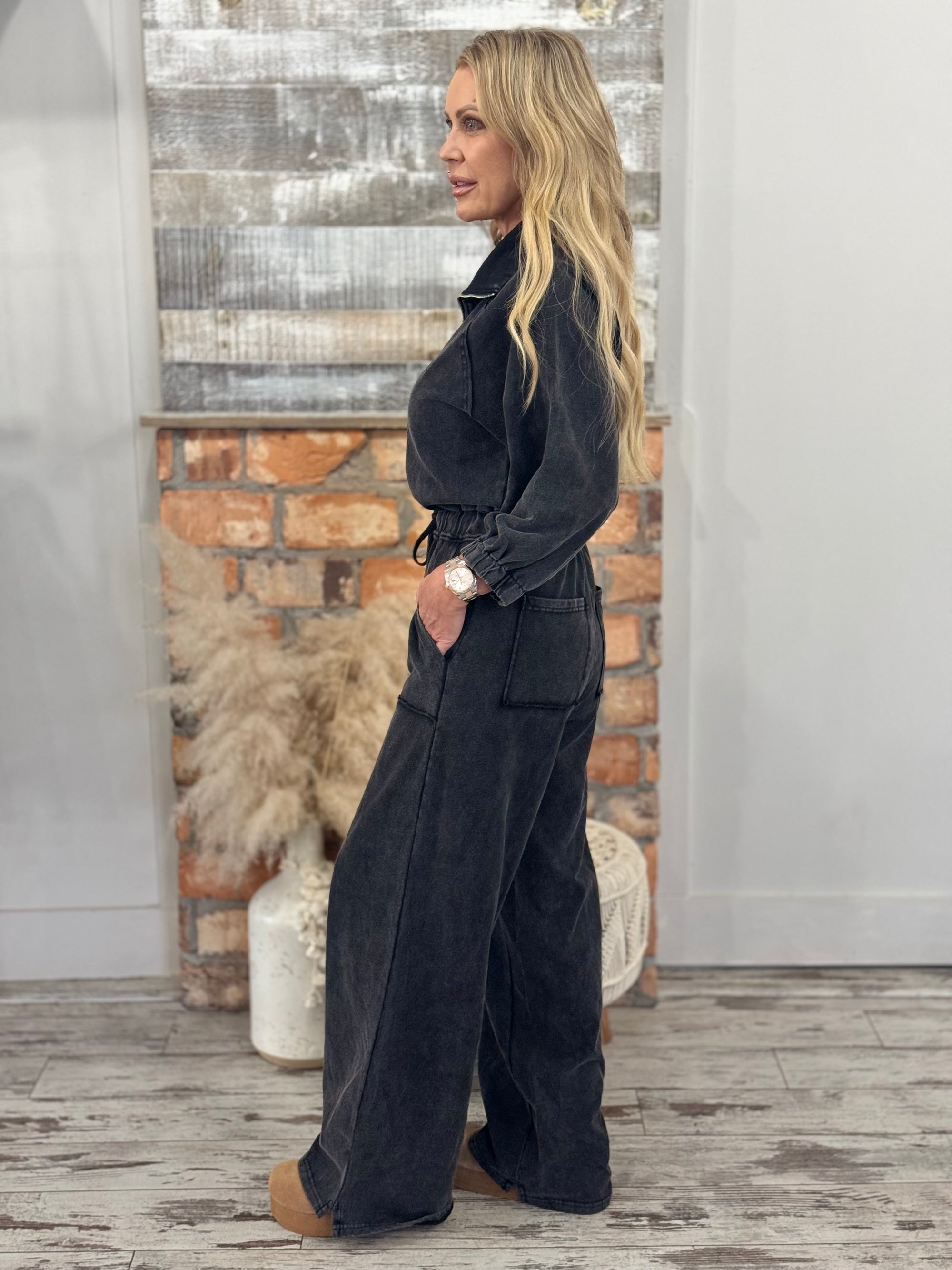 Washed Wide Leg Jumpsuit in Black