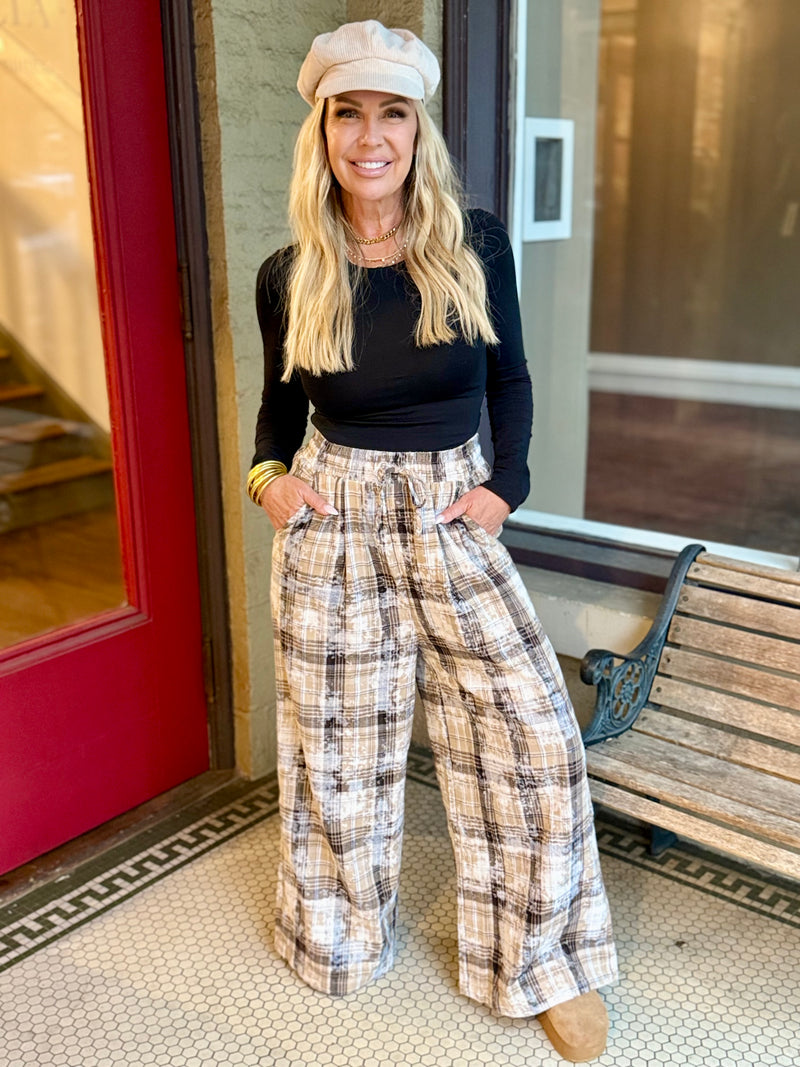 Plaid Bleach Splattered Wide Leg Pants