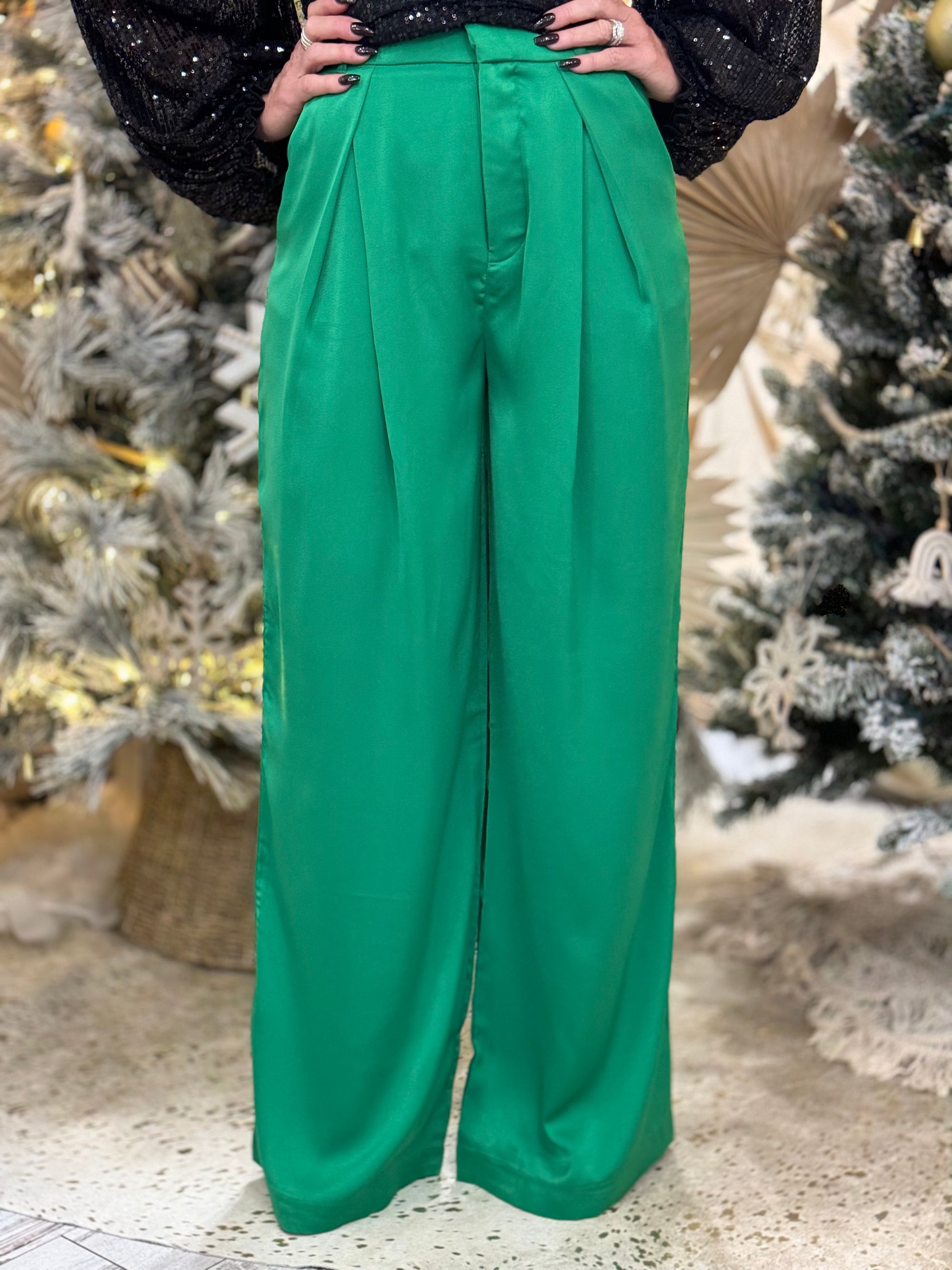 Pleated Satin Wide Leg Pants in Green
