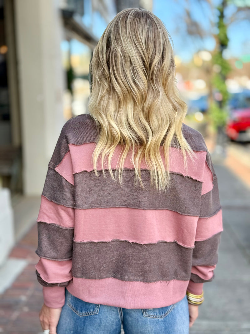 Striped Raw Edge Henley Pullover