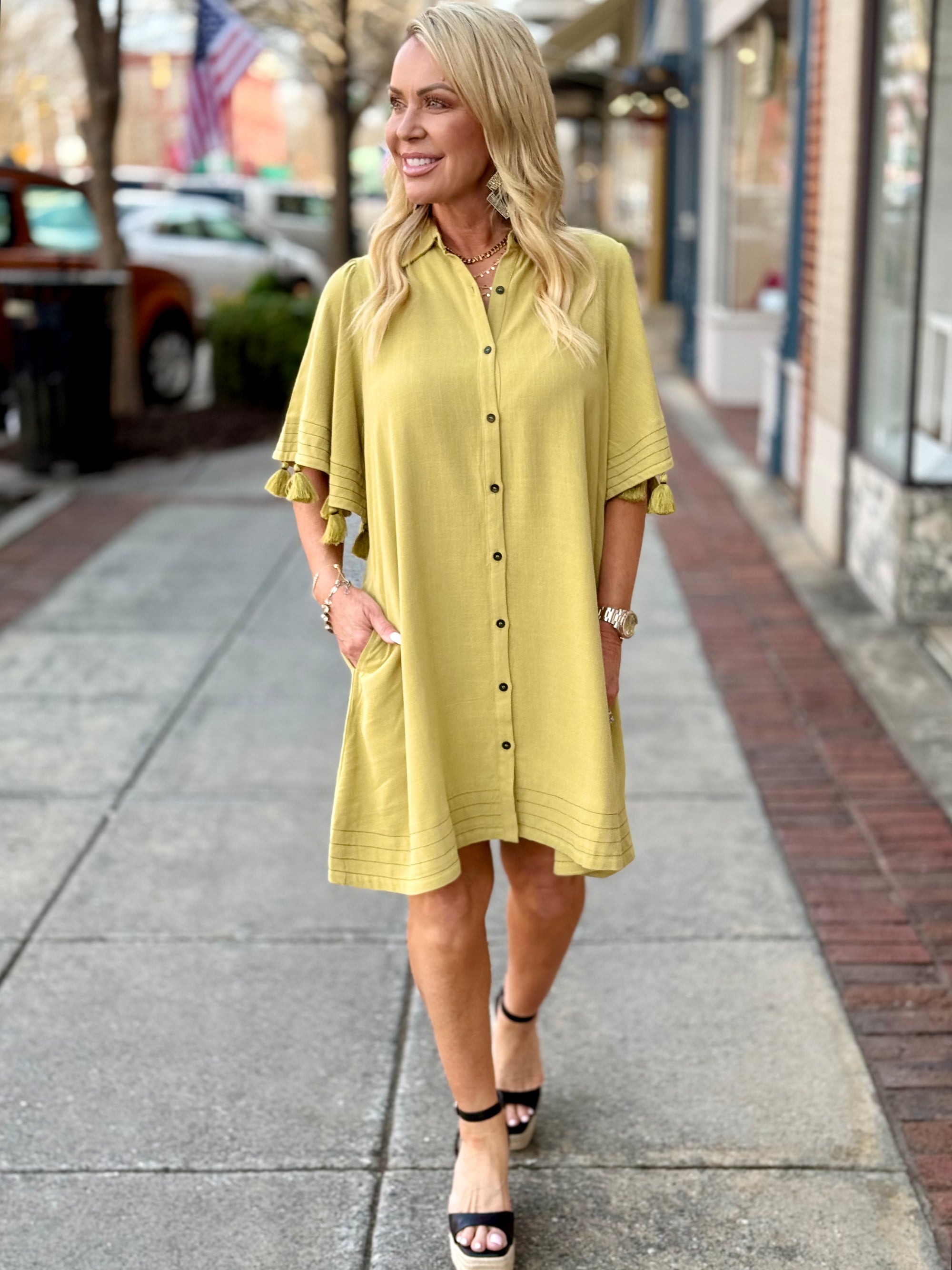 Tassel Sleeve Linen Button Down Dress