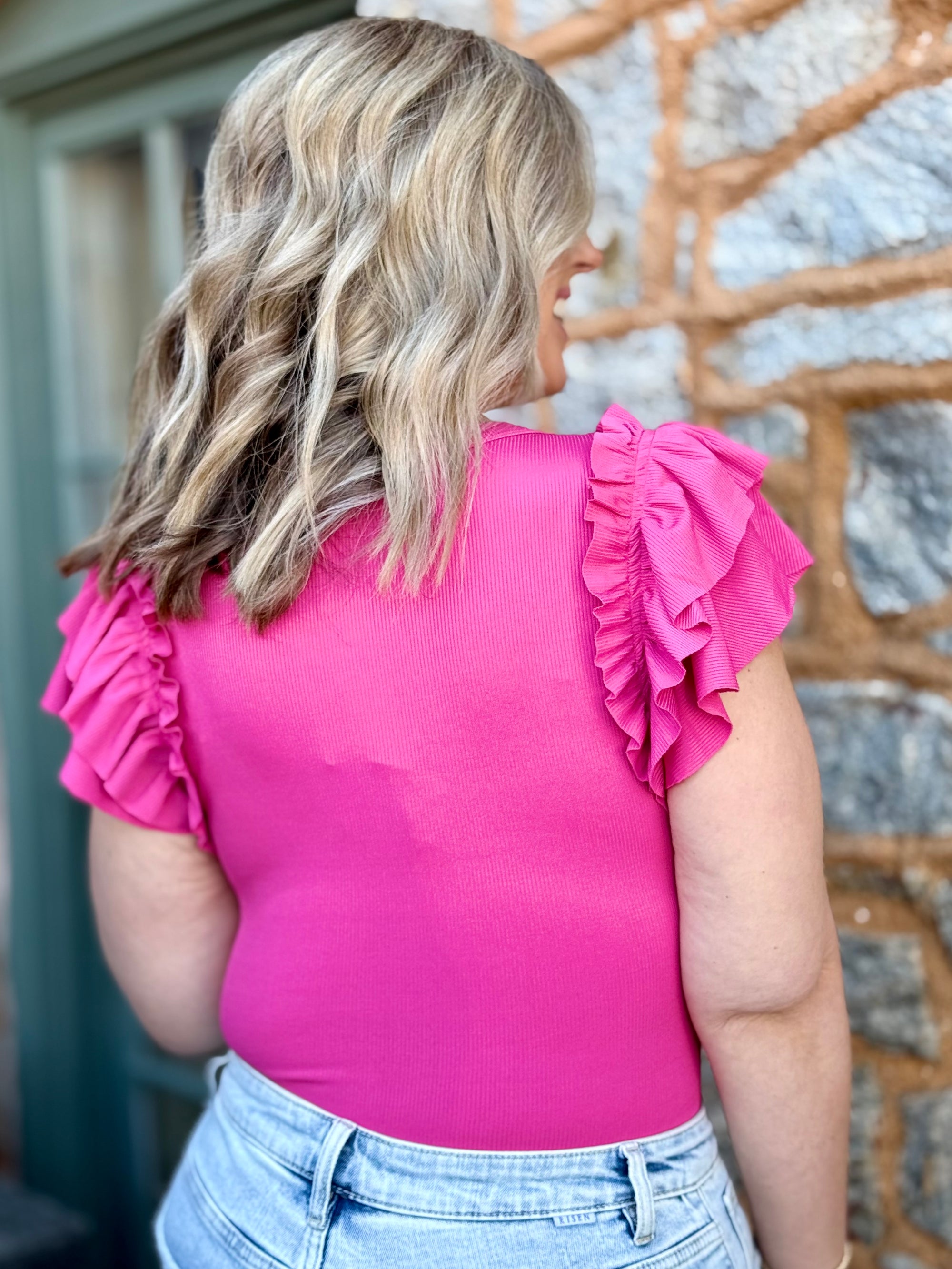 Ribbed Ruffle Sleeve Bodysuit | Hot Pink