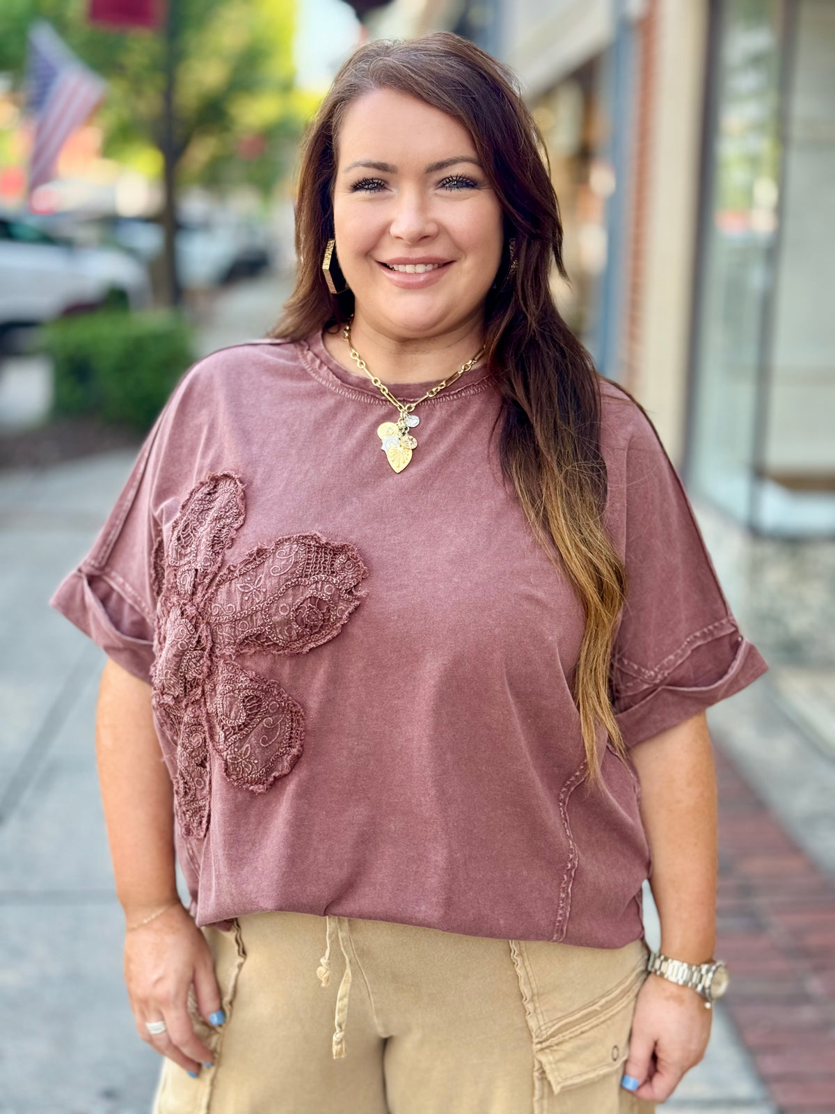 Crochet Floral Patch Cuffed Sleeve Top