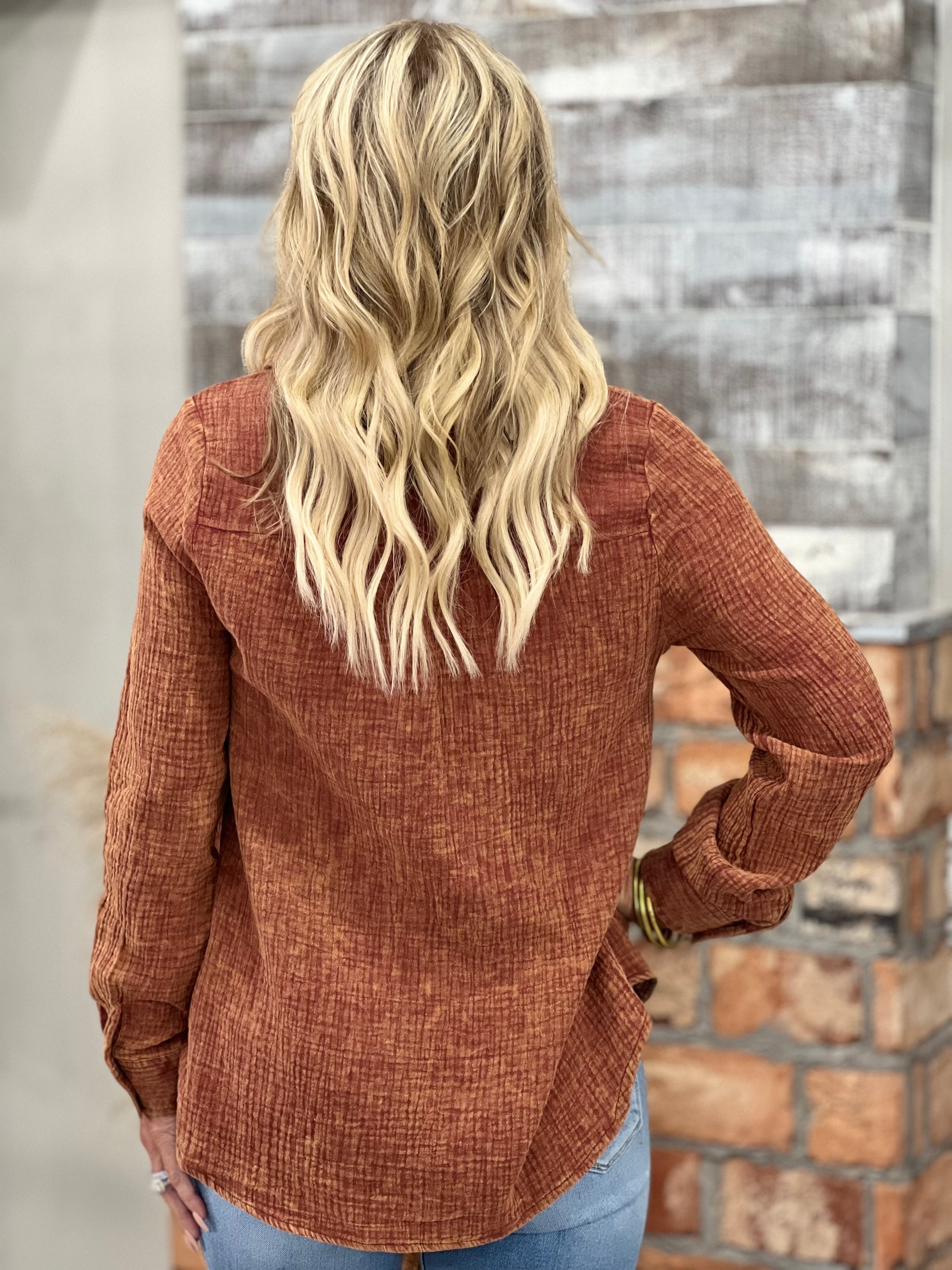 Gauze Button Down Top in Brick