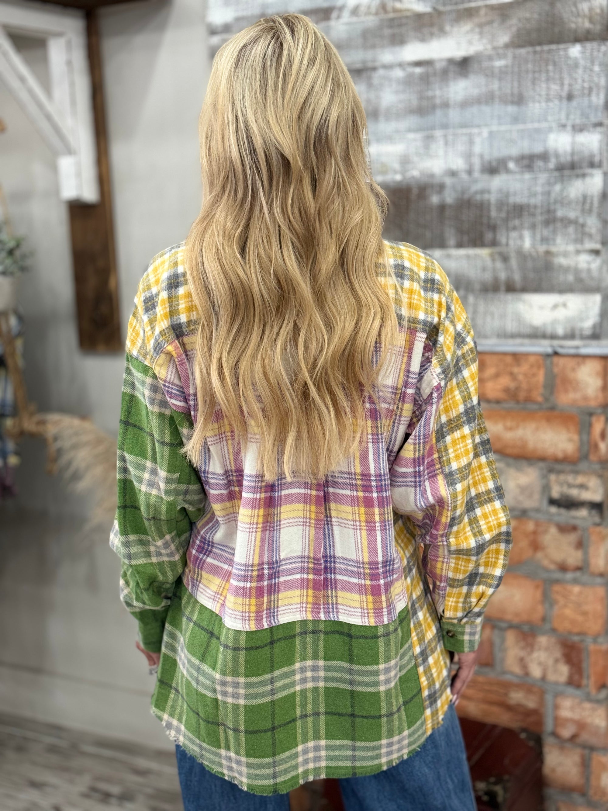Mixed Plaid Button Down Shacket in Sage