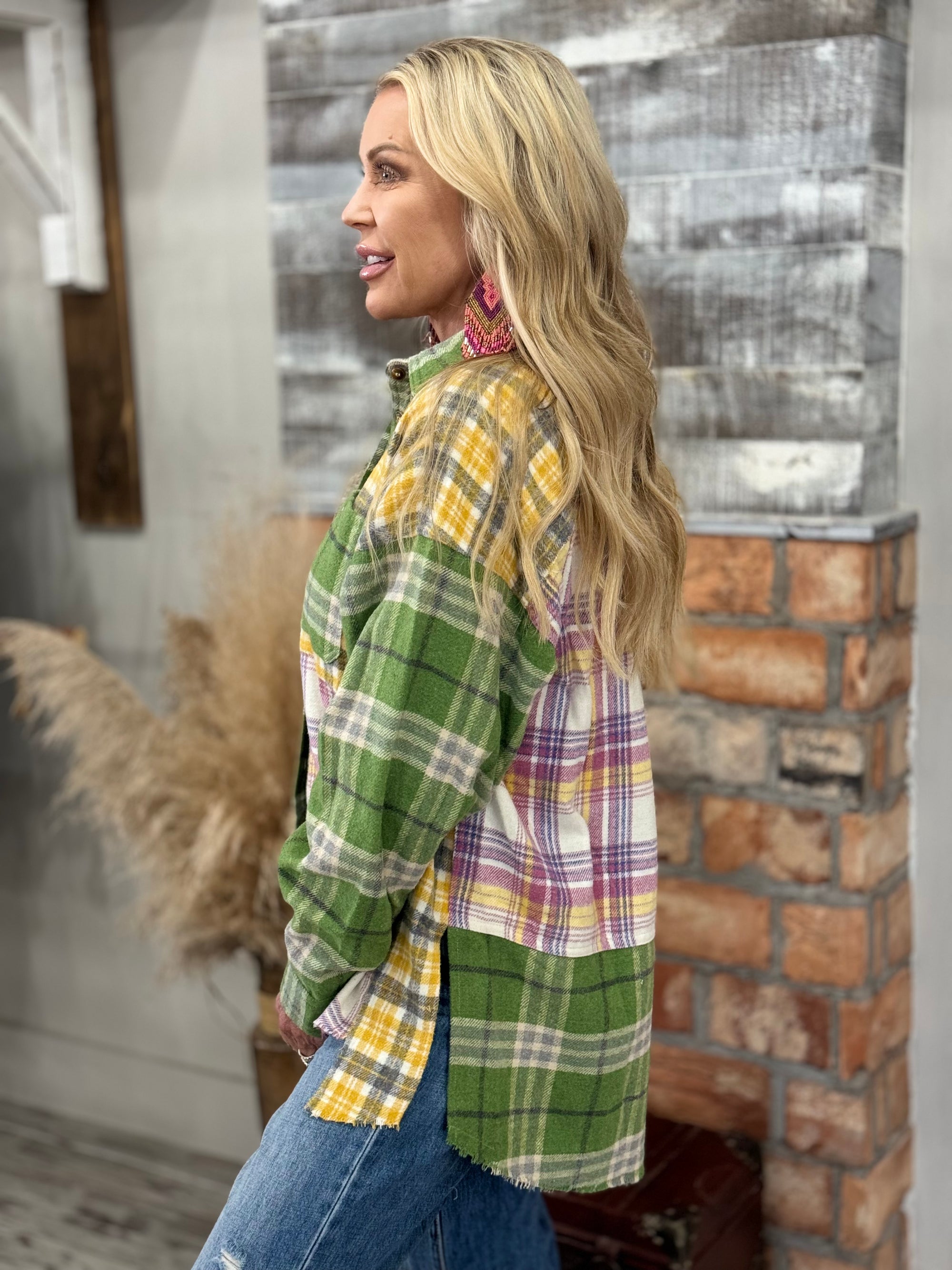 Mixed Plaid Button Down Shacket in Sage