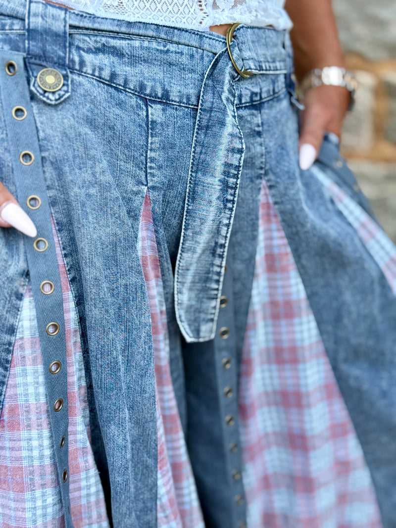 Plaid Panel Wide Leg Pants