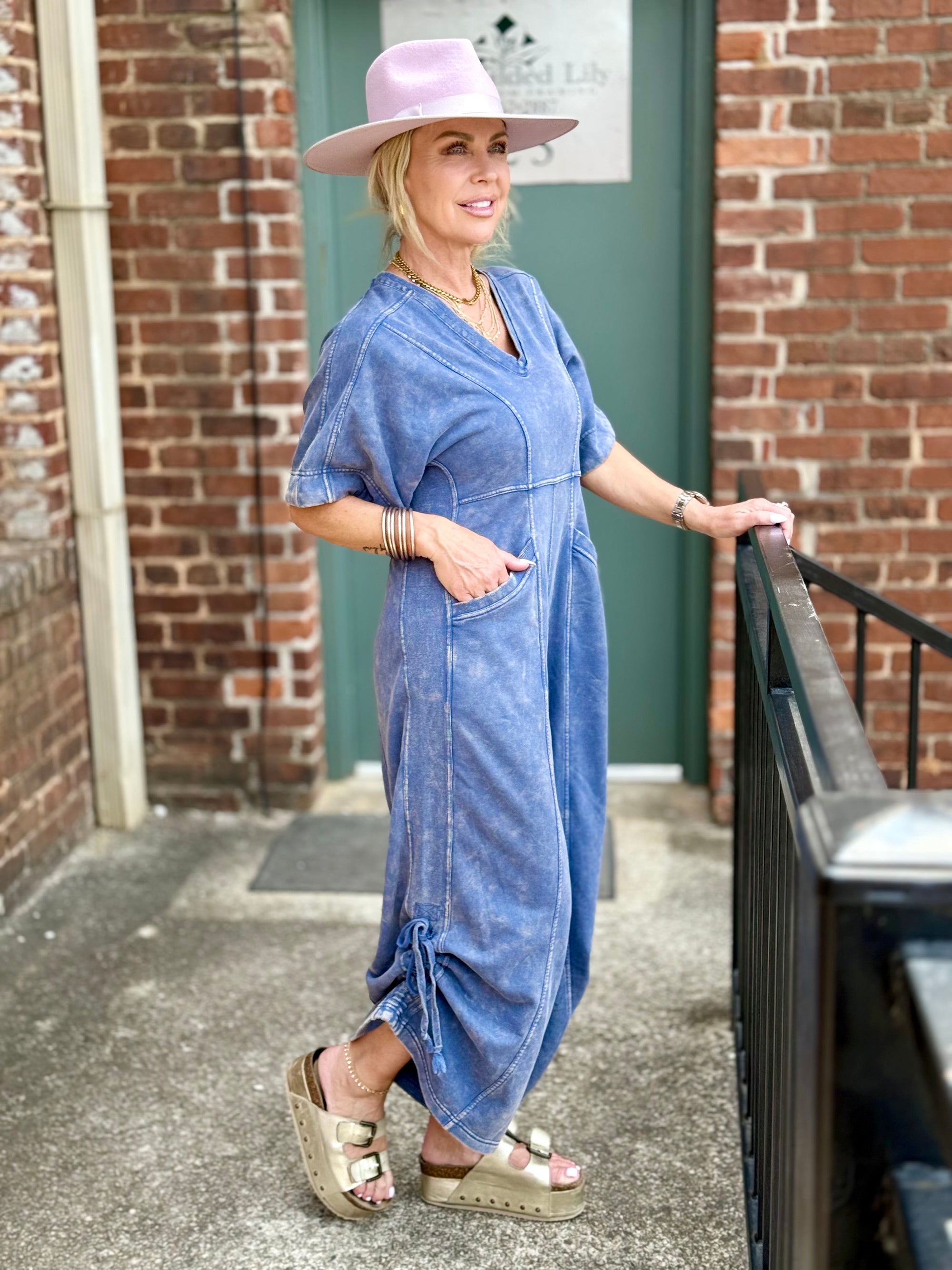 Washed Cinched Wide Leg Jumpsuit