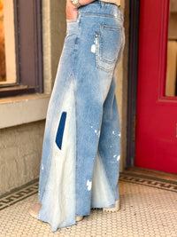 Paint Splattered Uneven Hem Wide Leg Jeans