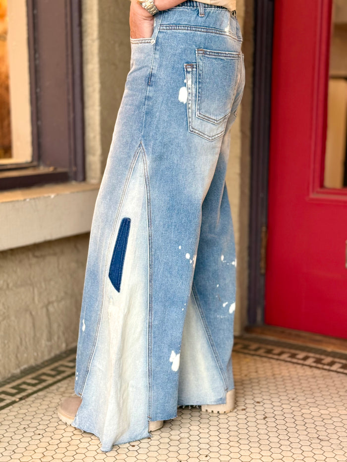 Paint Splattered Uneven Hem Wide Leg Jeans