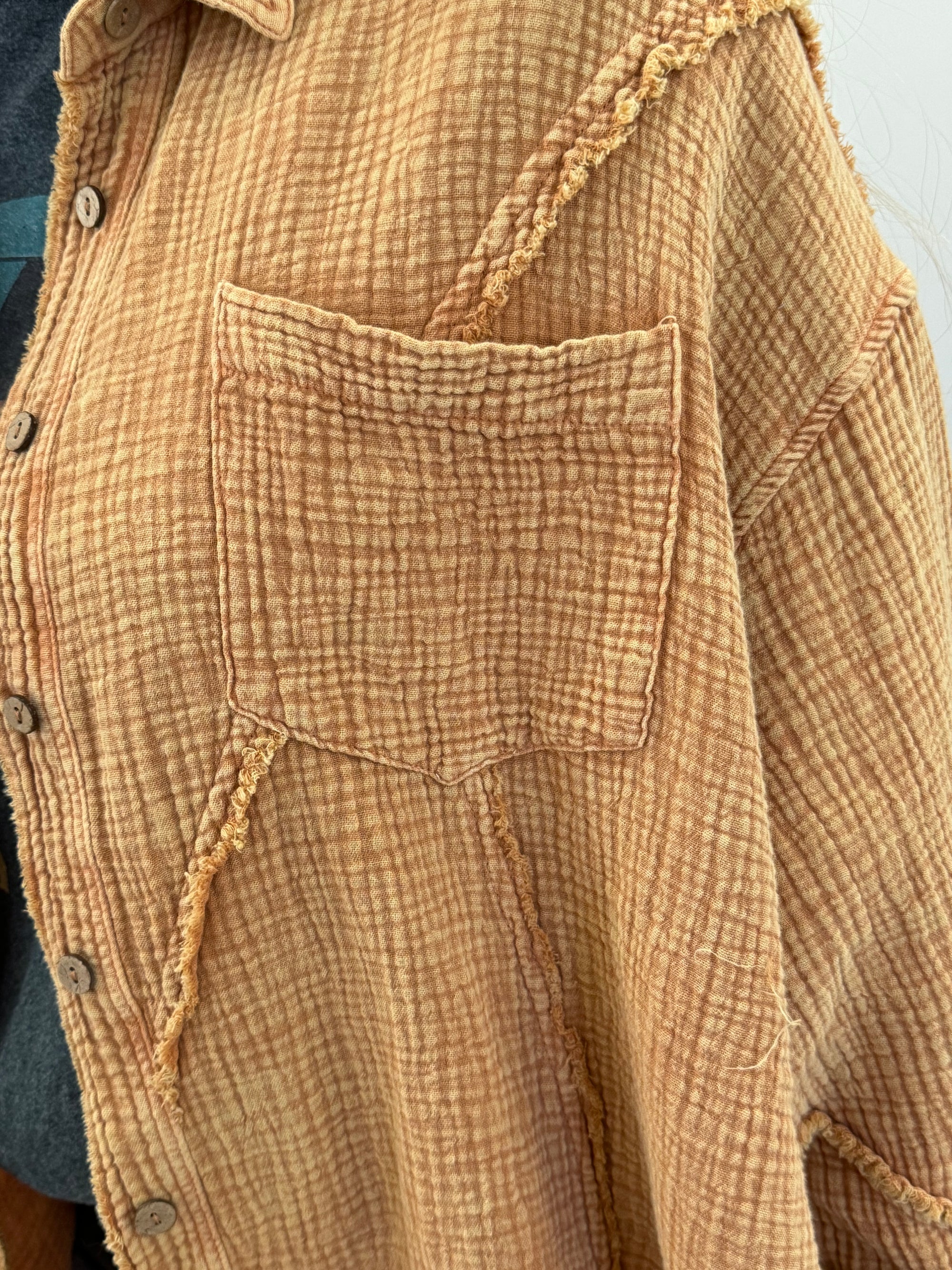 Raw Edge Gauze Button Down Top