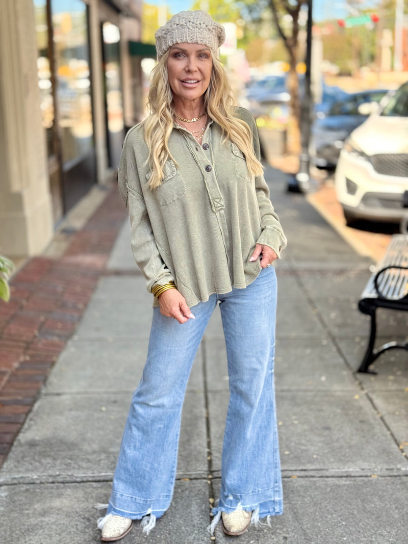 Washed Waffle Henley Top