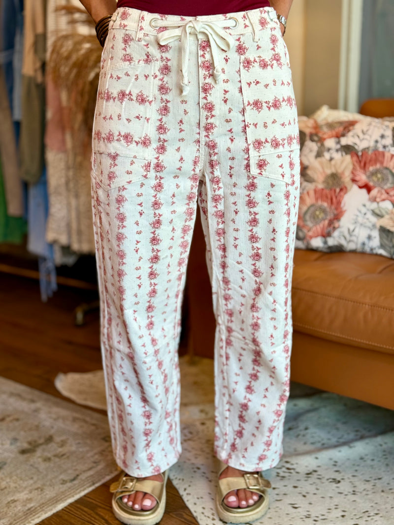 Corduroy Floral Waist Tie Barrel Jeans