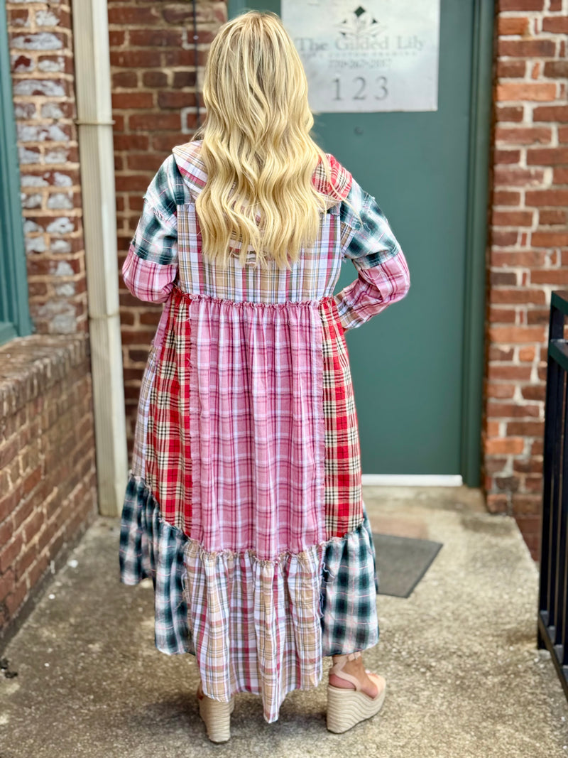 Plaid Colorblock Hooded Duster