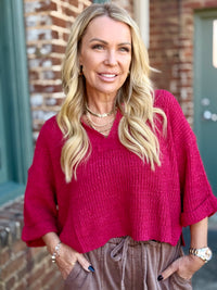 Cuffed Sleeve Split Collar Sweater | Red