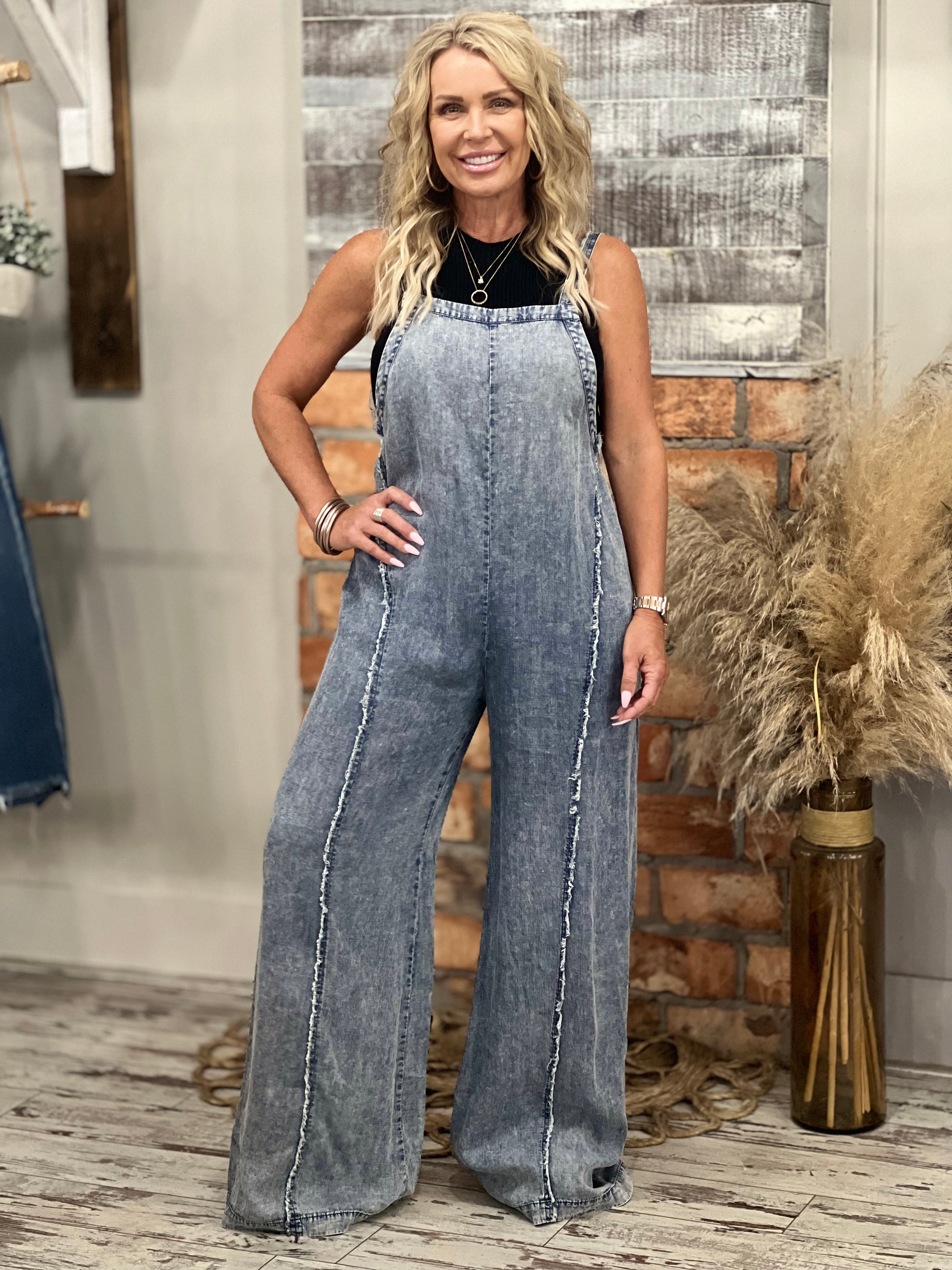 Wide Leg Washed Denim Jumpsuit