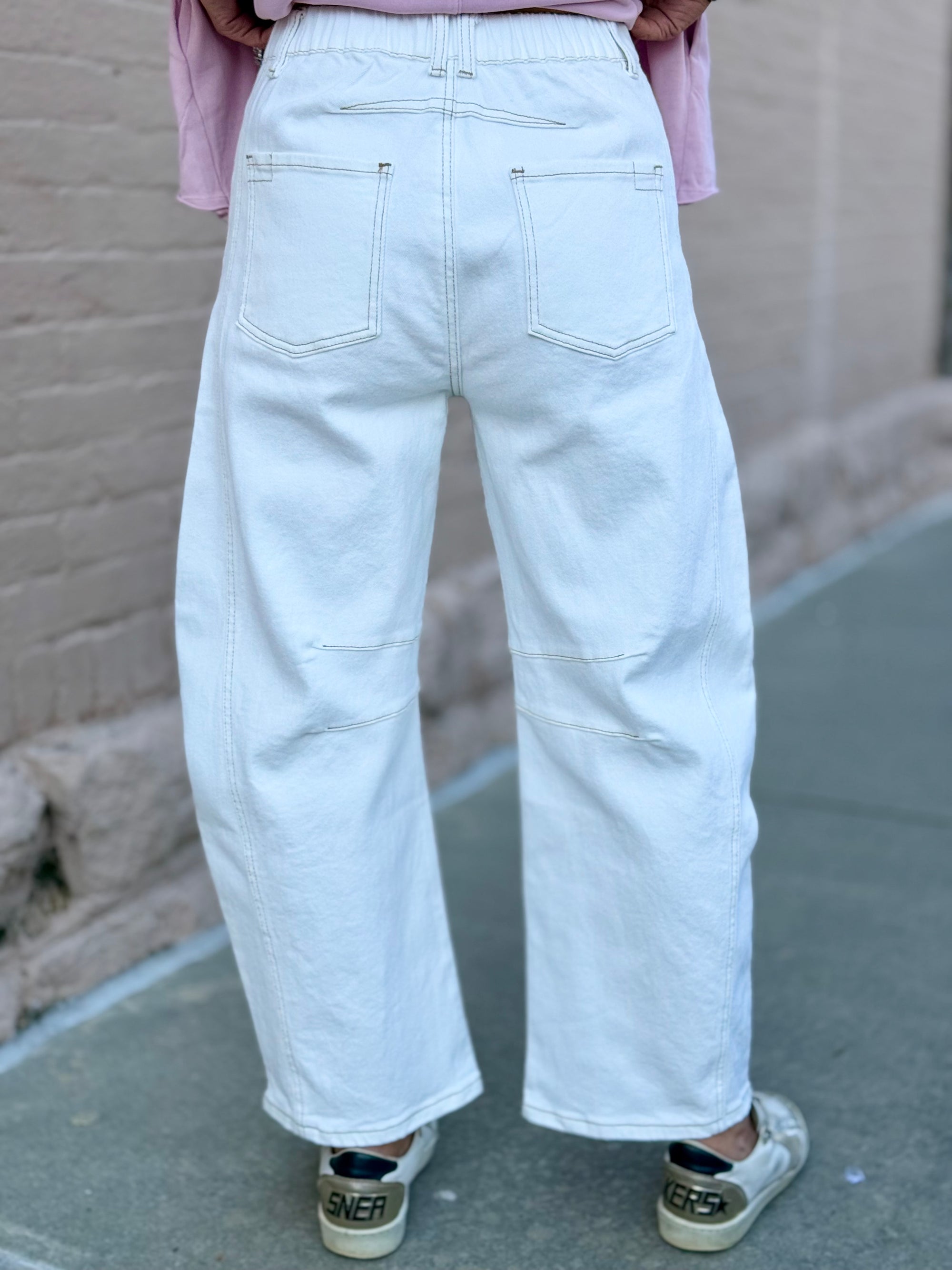 White Contrast Stitch Barrel Jeans